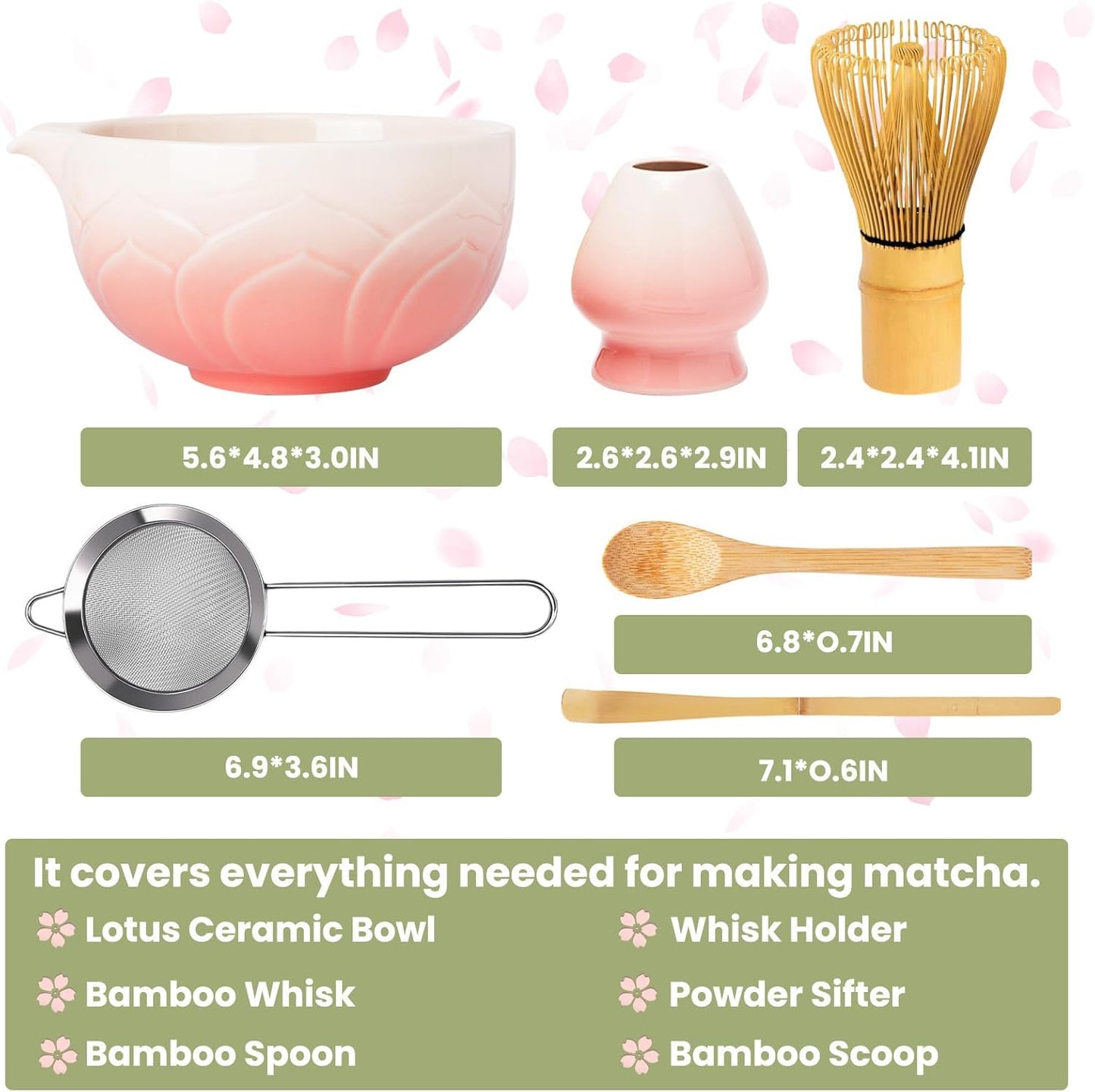 Matcha Whisk Set, Lotus Gradient Pink Ceramic Matcha Set Includes Matcha Bowl, Matcha Whisk (Chasen) and Holder, Sifter, Bamboo Scoop & Spoon - 6 Pcs Matcha Kit for Matcha Lovers