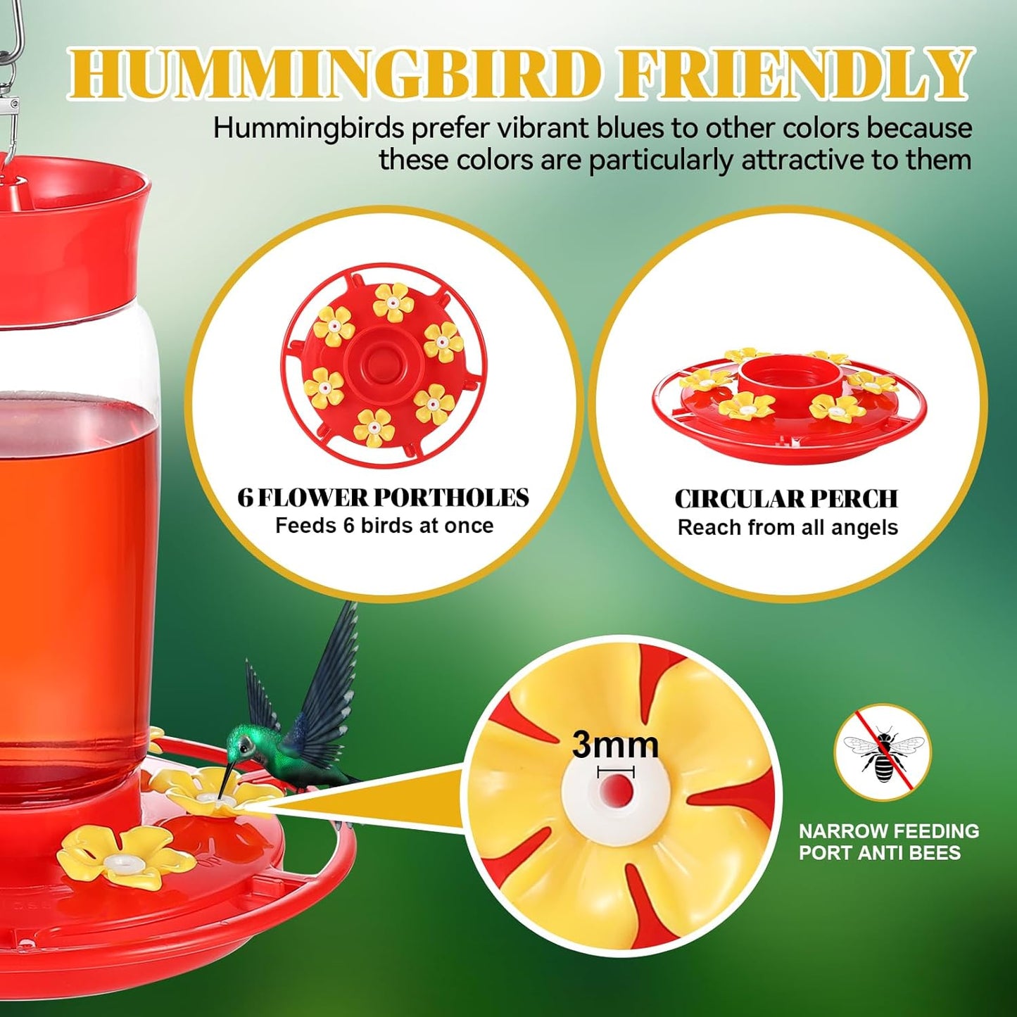 2 Pack Plastic Hummingbird Feeders, 20oz Wide Mouth Easy Clean, Ant Moat, Bee Proof and Leak-Proof, 6 Ports Easy Fill, Perfect for Outdoors, Trees, Decks