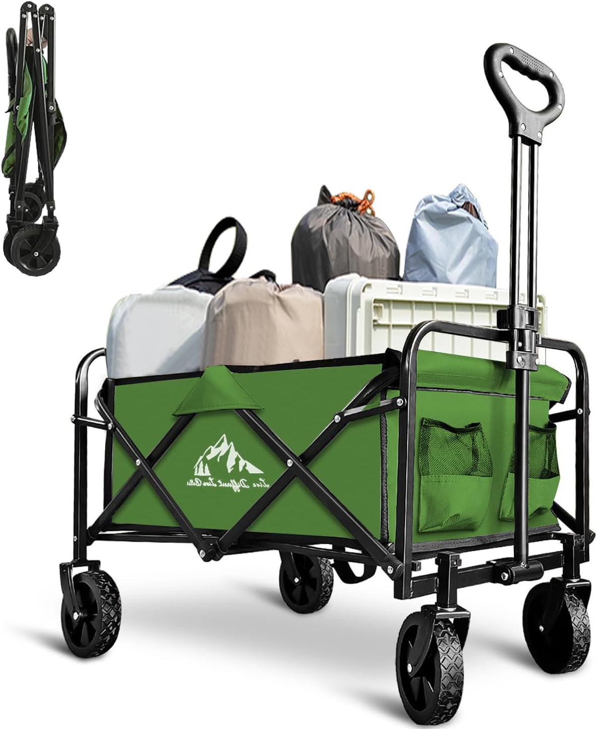 Collapsible Foldable Wagon, Beach Cart Large Capacity, Heavy Duty Folding Wagon Portable, for Outdoor Sports, Shopping, Camping, Green