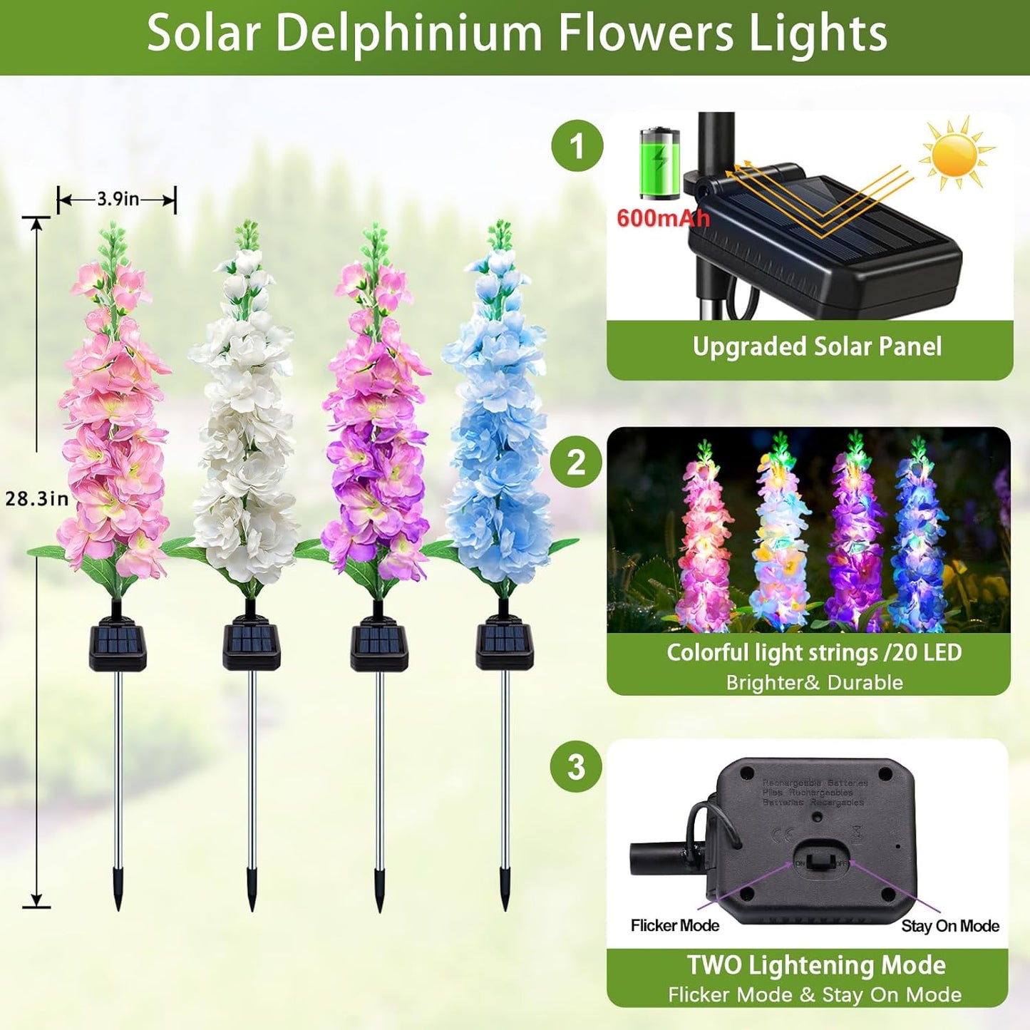 Solar Garden Lights, Solar Delphinium Flowers Lights 4 Pack 80 LEDs, W