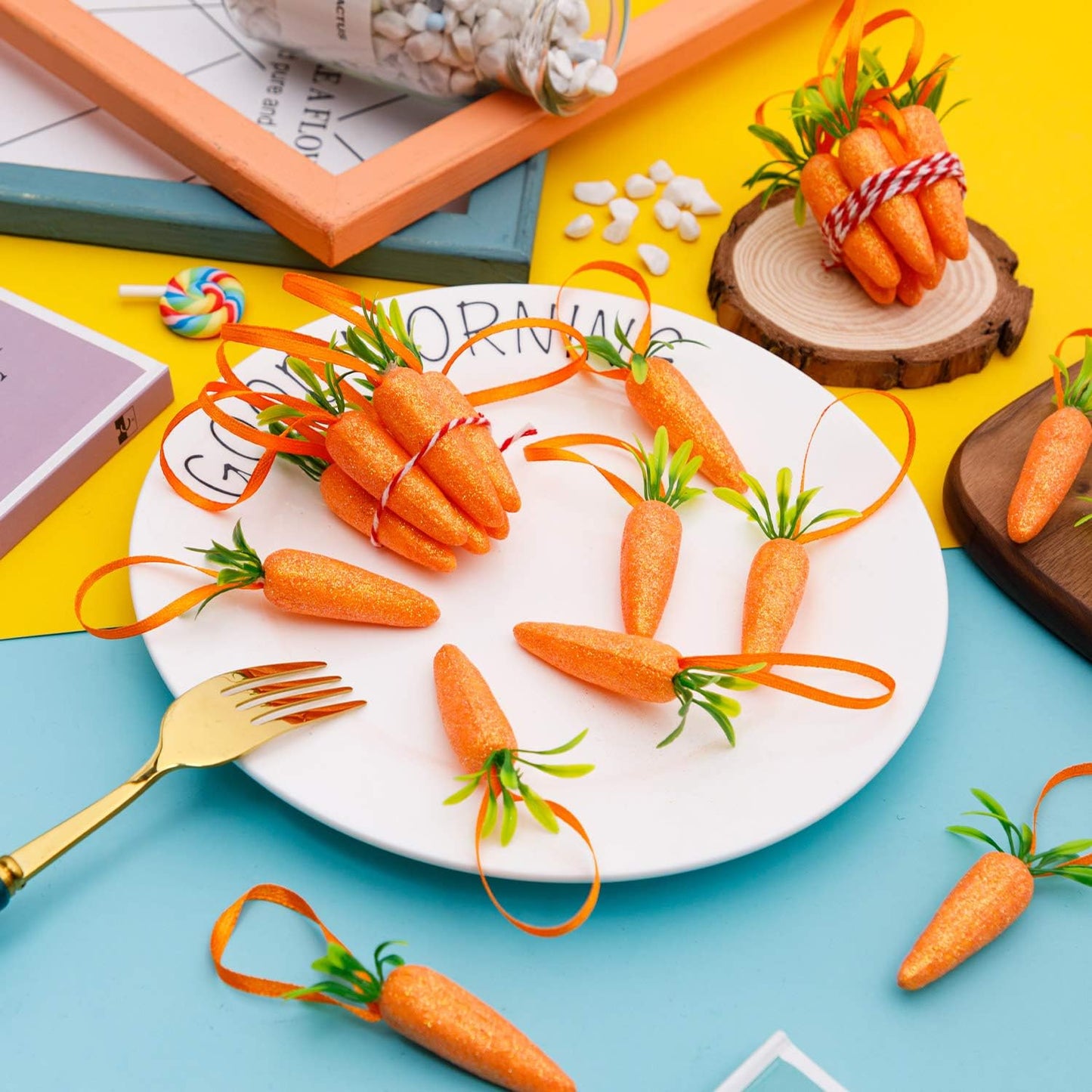 CLESDF Easter Carrot Hanging Ornaments - 12Pcs Premium Foam Glitter Artificial Carrots for Easter Decoration