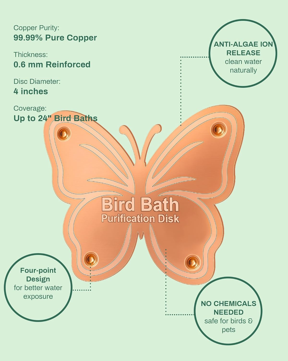 Bird Bath Purification Disk Pure Copper Outside Winter Solar Power Birdbath Hummingbird Water Pedestal Fountain Cleaner Outdoor Feeder Cage Dispenser Heater Ground House Garden Lover Gift
