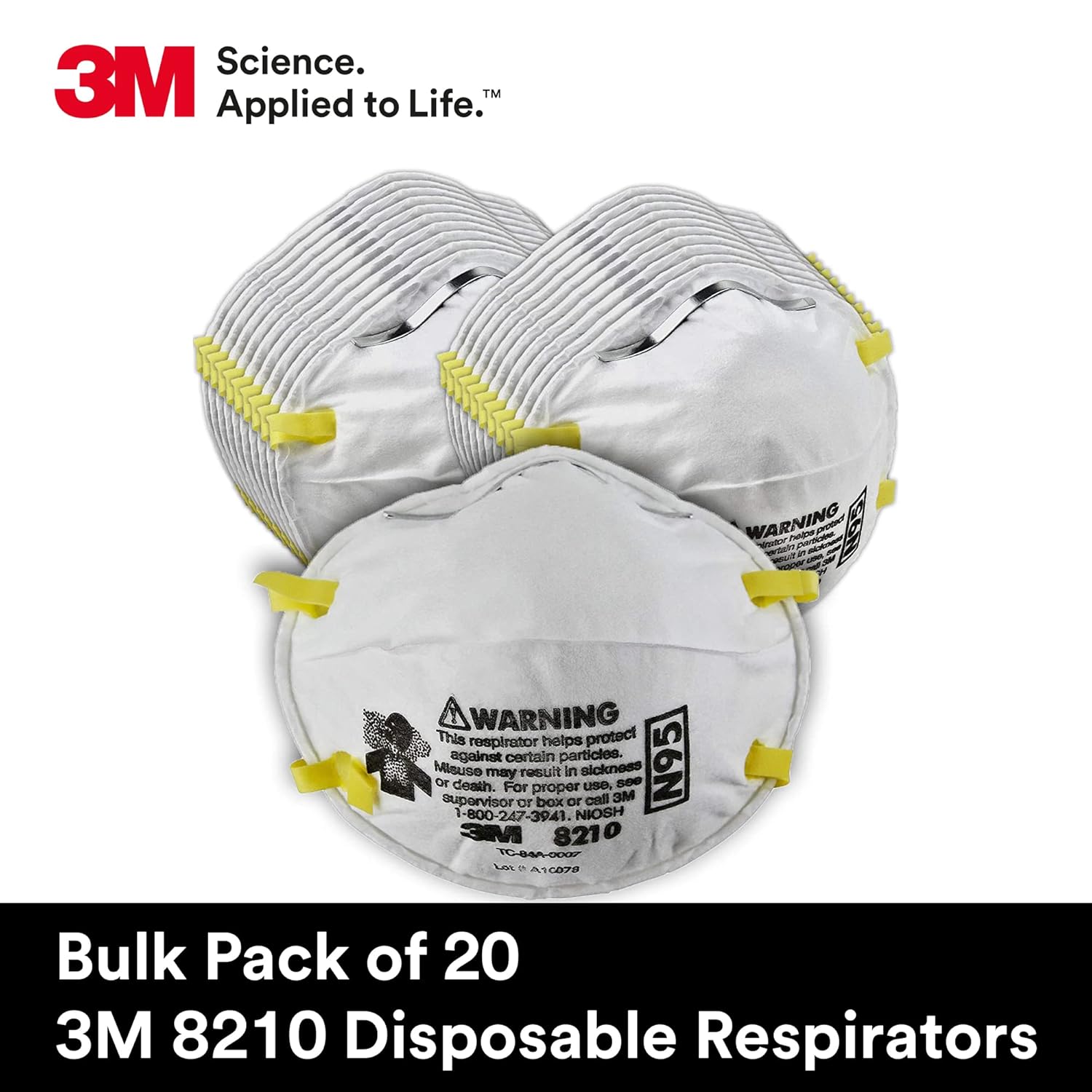 3M 8210 Particulate Respirator, N95, Pack of 20 Disposable Respirator,