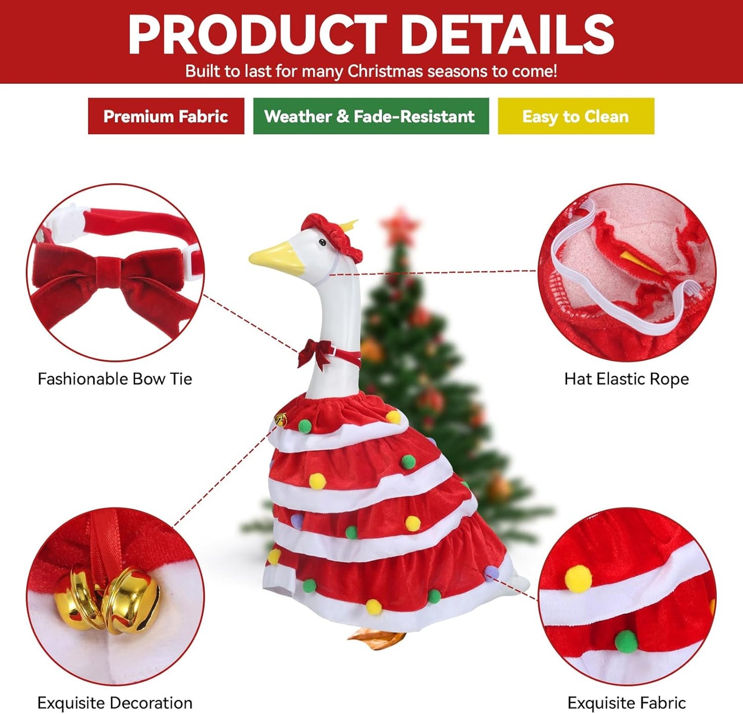 Christmas Porch Goose Outfits for 23 Inch Lawn Statue, 3 Pcs/Set Lawn Cement Goose Clothes with Bells, Bow, 4 layers' Coat for Mrs. Goose Statue Garden Yard Patio Party Decoration (RED)