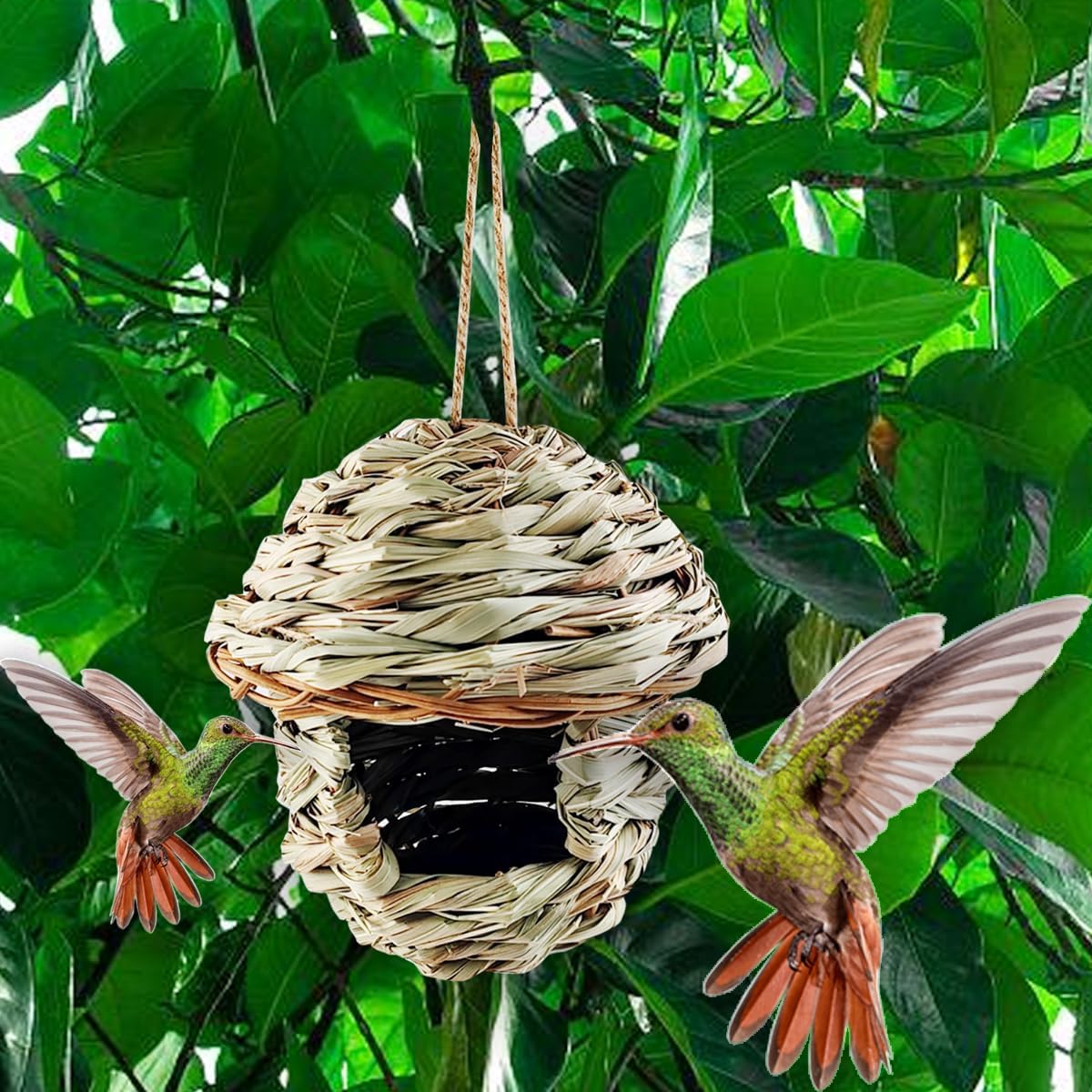 TIHOOD 3PCS Hummingbird House, Hand Woven Bird Nest for Outdoors Hanging, Small Grass Bird Houses for Outside, Natural Fiber Bird Hut Roosting Pocket for Finch Canary Chickadee