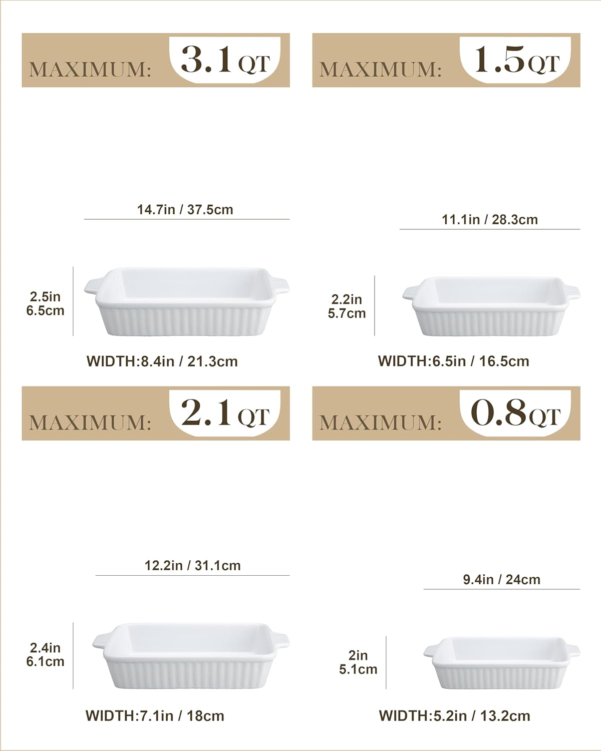 MALACASA Casserole Dishes for Oven, Porcelain Baking Dishes, Ceramic Bakeware Sets of 4, Rectangular Lasagna Pans Deep with Handles for Baking Cake Kitchen, White (9.4"/11.1"/12.2"/14.7"), Series