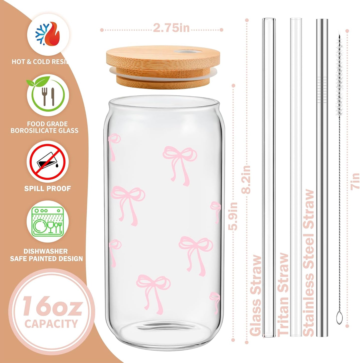 Coquette Cute Pink Bow Glass Cups with Lids and Straws, Aesthetic Iced Coffee Cup, Girly Preppy Design Tumbler Mug, Valentines Christmas Birthday Gifts for Women, Teen Girl Gifts Trendy Stuff