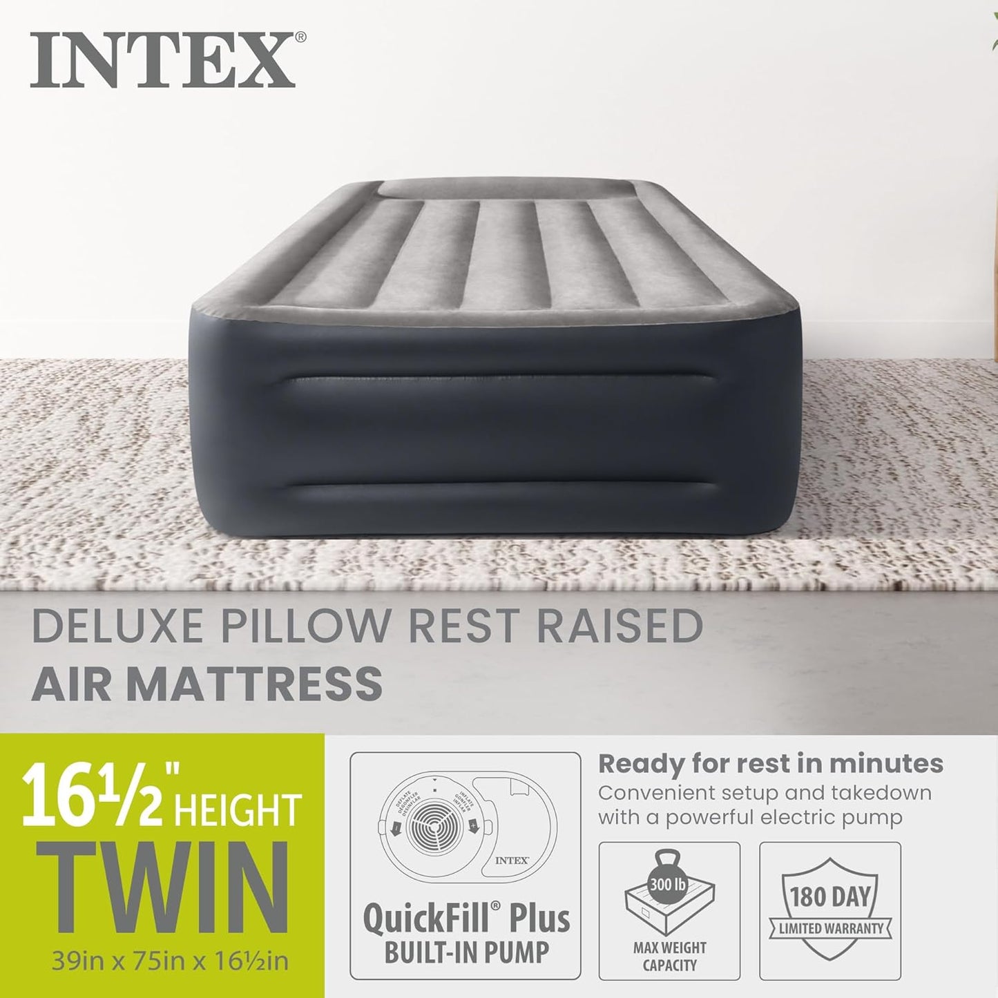 Intex 64131ED Dura-Beam Plus Deluxe Pillow: Fiber-Tech – Twin Size – Built-in Electric Pump – 16.5in Bed Height – 300lb Weight Capacity