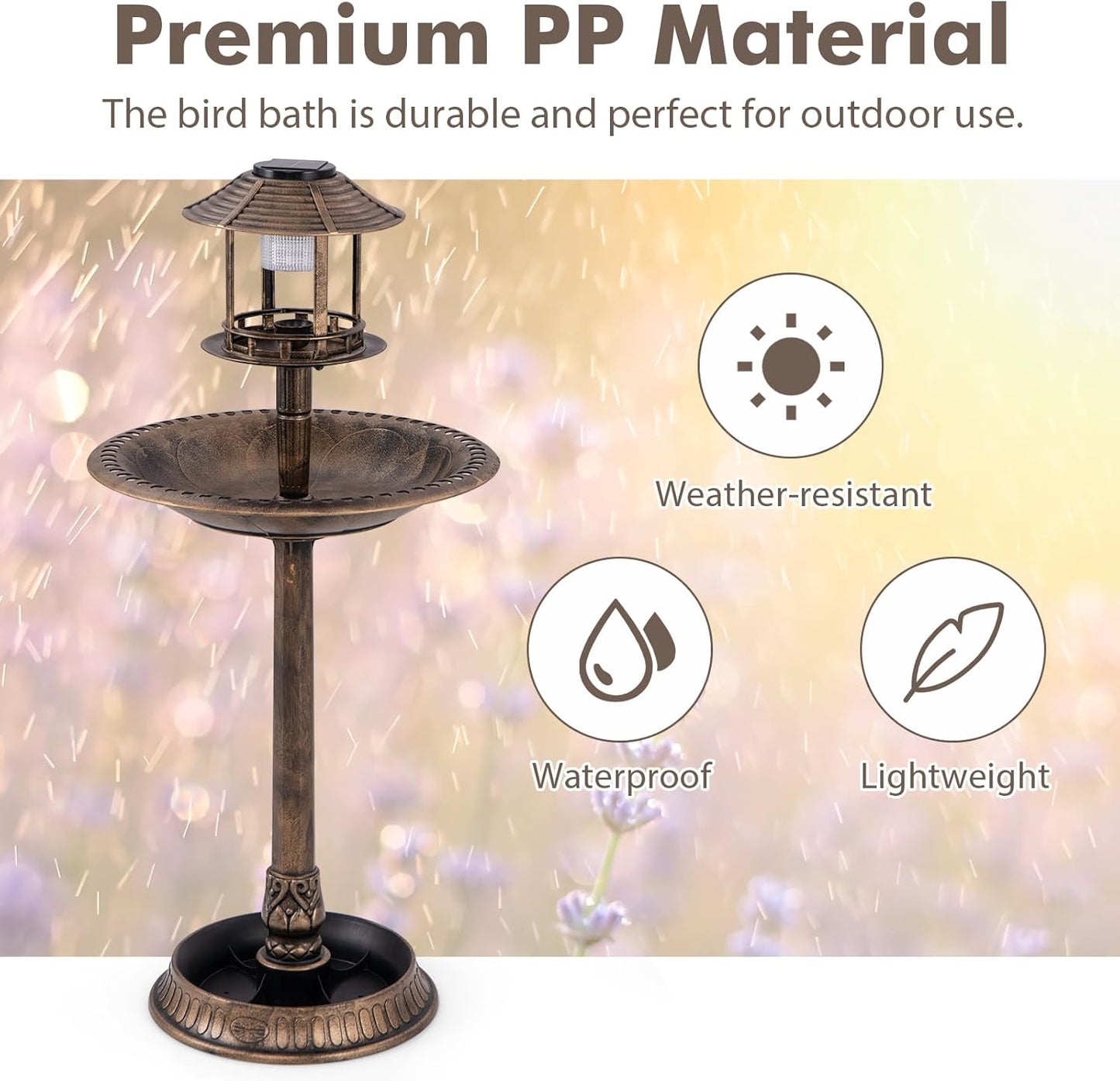 BECOMFORT Solar Bird Bath, Vintage Pedestal Birdbath with Solar Powered Lamp, Bird Feeder, Flower Planter Base & 3 Ground Stakes, Plastic Bird Bath for Outside, Garden, Yard & Outdoor (Bronze)