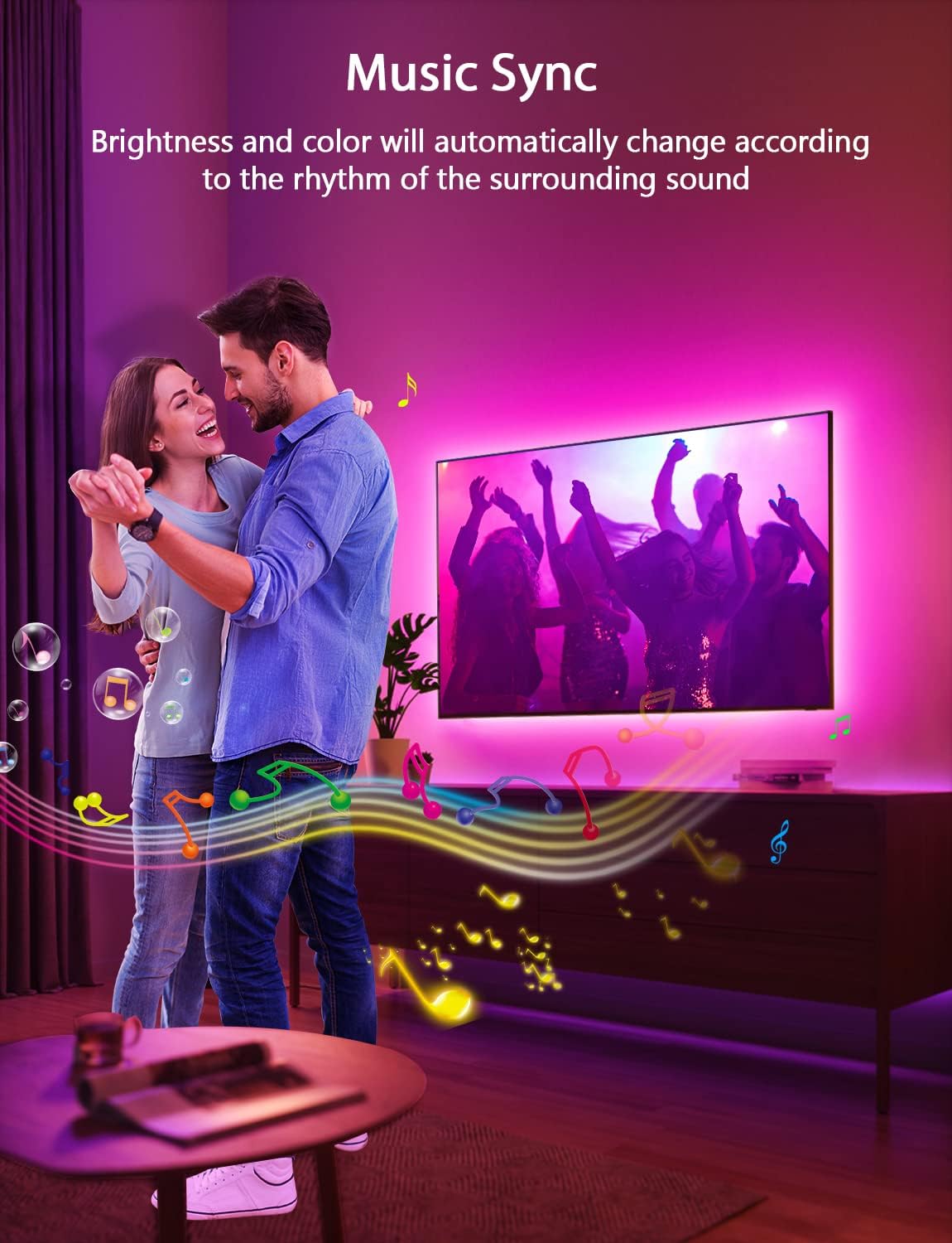 MATICOD RGB LED TV Strip USB Lights for Backlight and Behind, App Remote Control, Music Sync, Multicolor, 9.84FT for 32"-43" TV