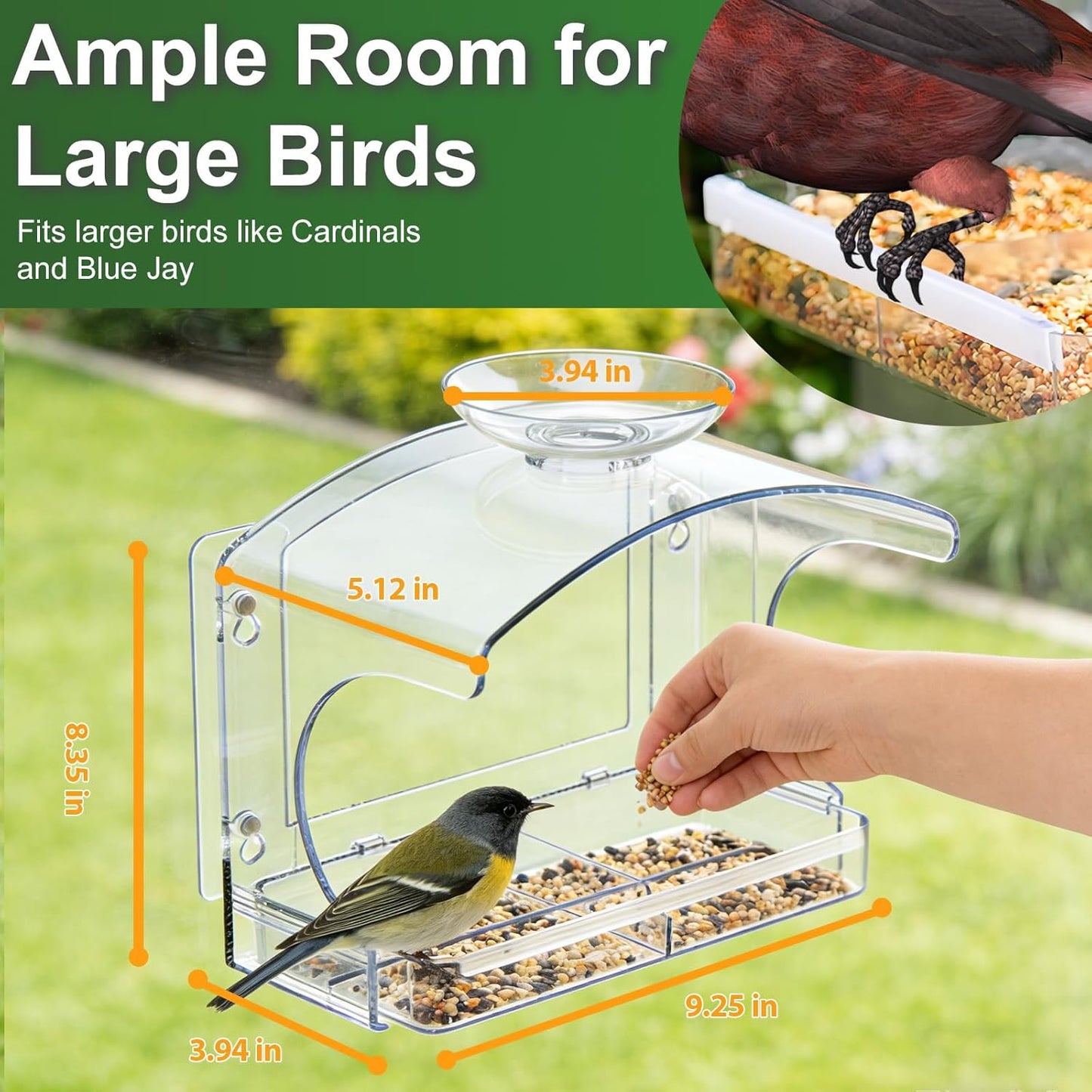 Large Window Bird Feeders Outside with 2 Non-Marking Self-Adhesive Hooks - Wild Bird Watching Outdoor Transparent - Unique Gifts for Garden Yard Elderly Viewing(with a Brush, Easy to Clean)
