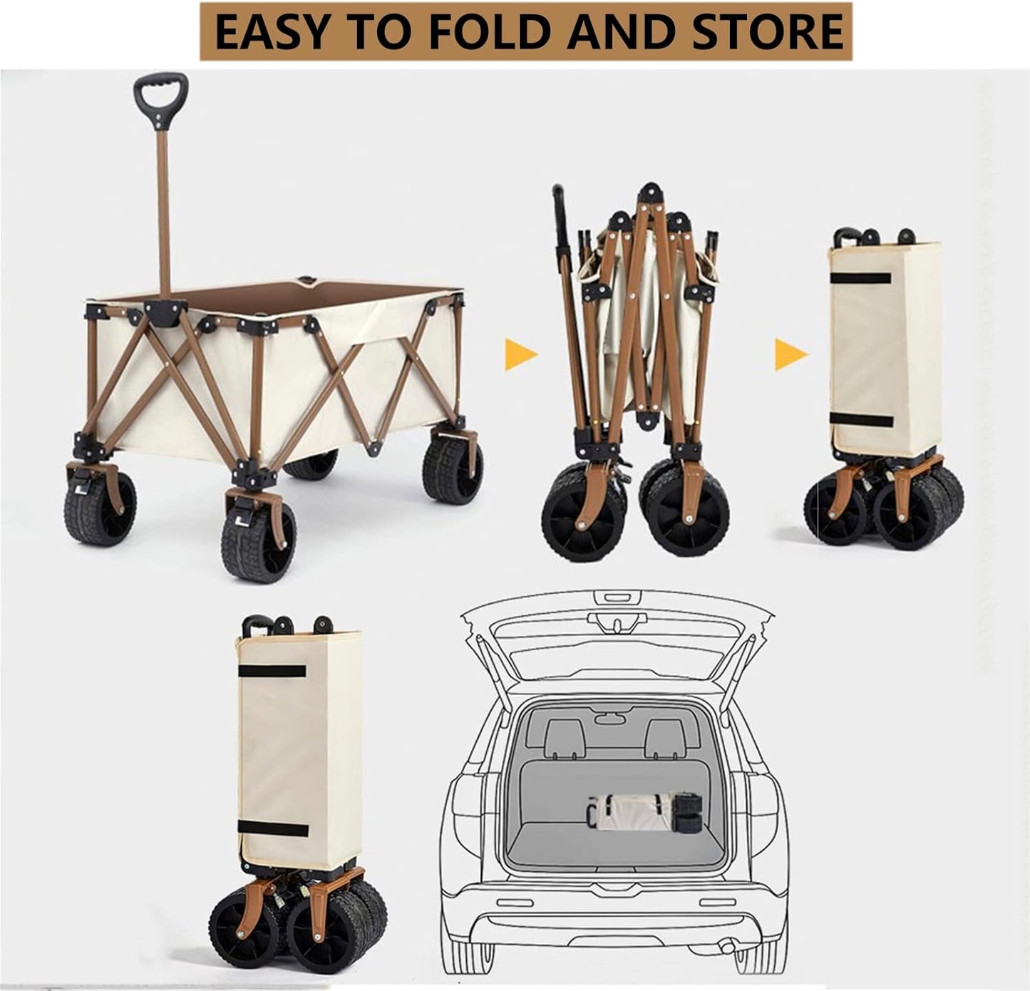 Heavy Duty Collapsible Folding Wagon - Portable Beach Cart with All-Terrain Wheels, Large Capacity Utility Garden Trolley for Camping, Fishing, Shopping, Sports - Khaki