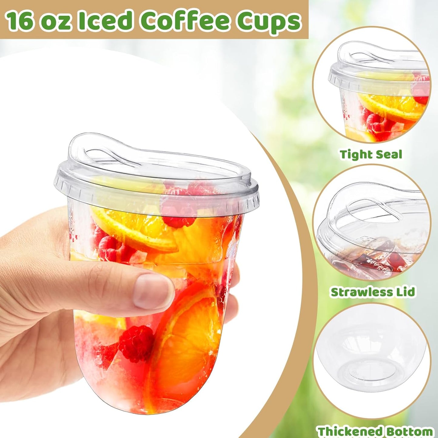 50 Pack Clear Plastic Cups with Strawless Sip Lids,16 oz Iced Coffee Cups with Lids,Disposable PET Crystal Cups,Round Bottom To Go Cup for Iced Coffee Juice Smoothie Cold Beverage
