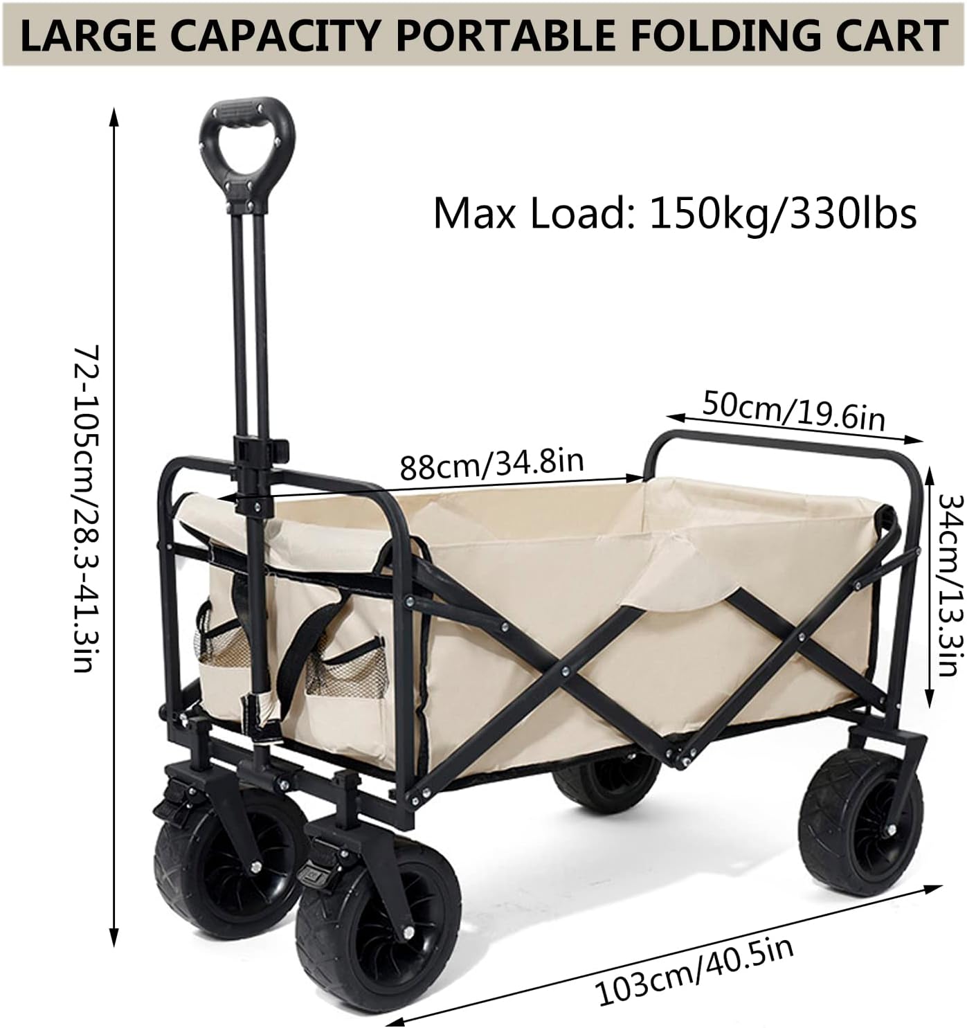 Heavy Duty Collapsible Folding Wagon - All-Terrain Utility Garden Trolley Cart for Camping, Fishing, Beach, and Grocery Shopping - Portable Outdoor Cart, Brown