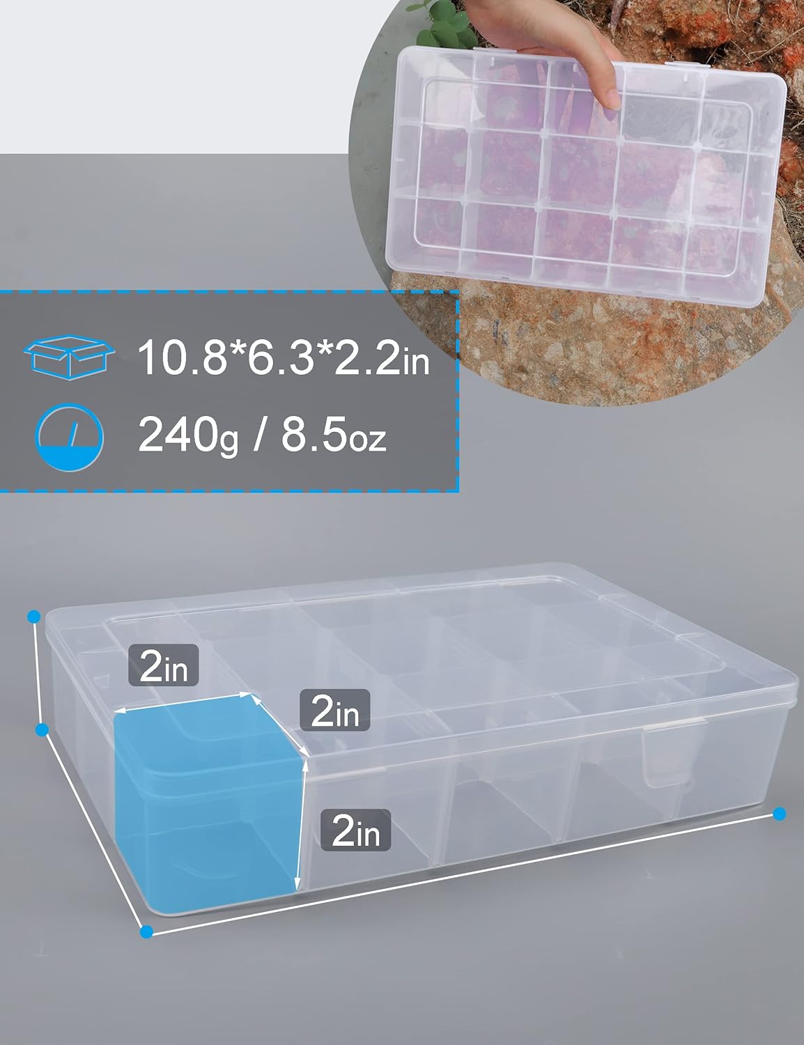 Hlotmeky Plastic Organizer Box with Dividers - Bead Organizer, 15 Large Grids, Clear Snack Box Container
