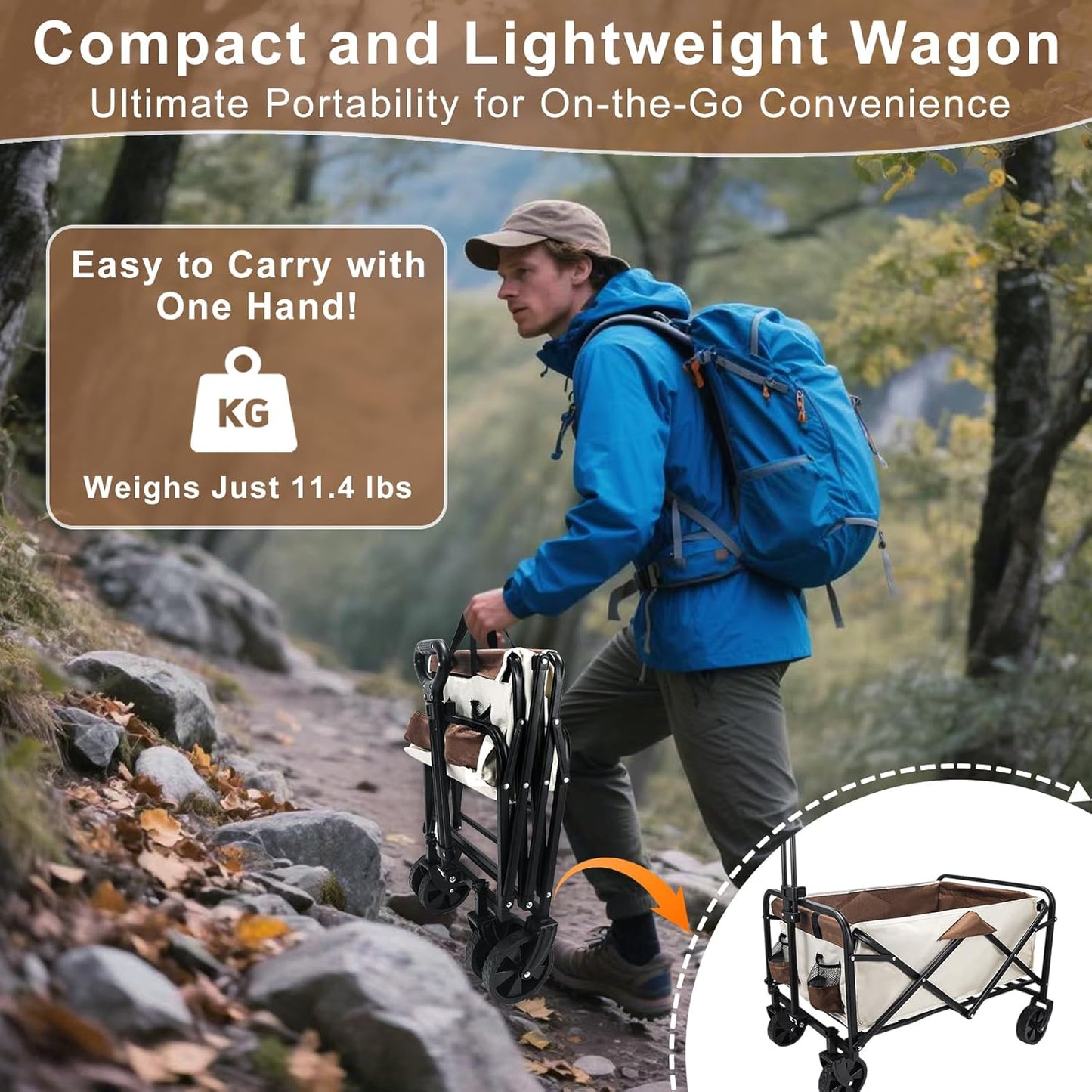Heavy-Duty Collapsible Wagon Cart with Wheels, Lightweight Foldable Utility Cart with Adjustable Handle for Outdoor Use – Ideal for Grocery Shopping, Camping, Sports, Fishing, and More (Khaki)