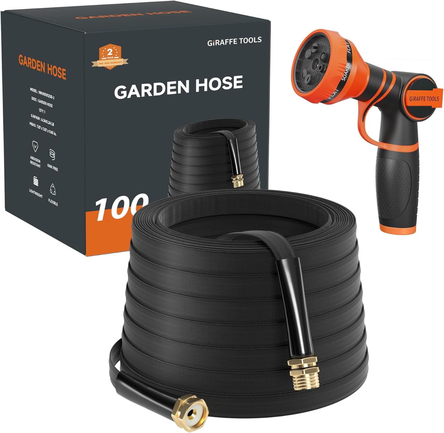Giraffe Tools Garden Hose 100FT Lightweight Lay Flat Water Hose Kink F