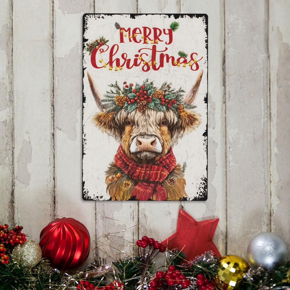 SUPERDANT Christmas Highland Cow Metal Signs Highland Yak Tin Sign Met
