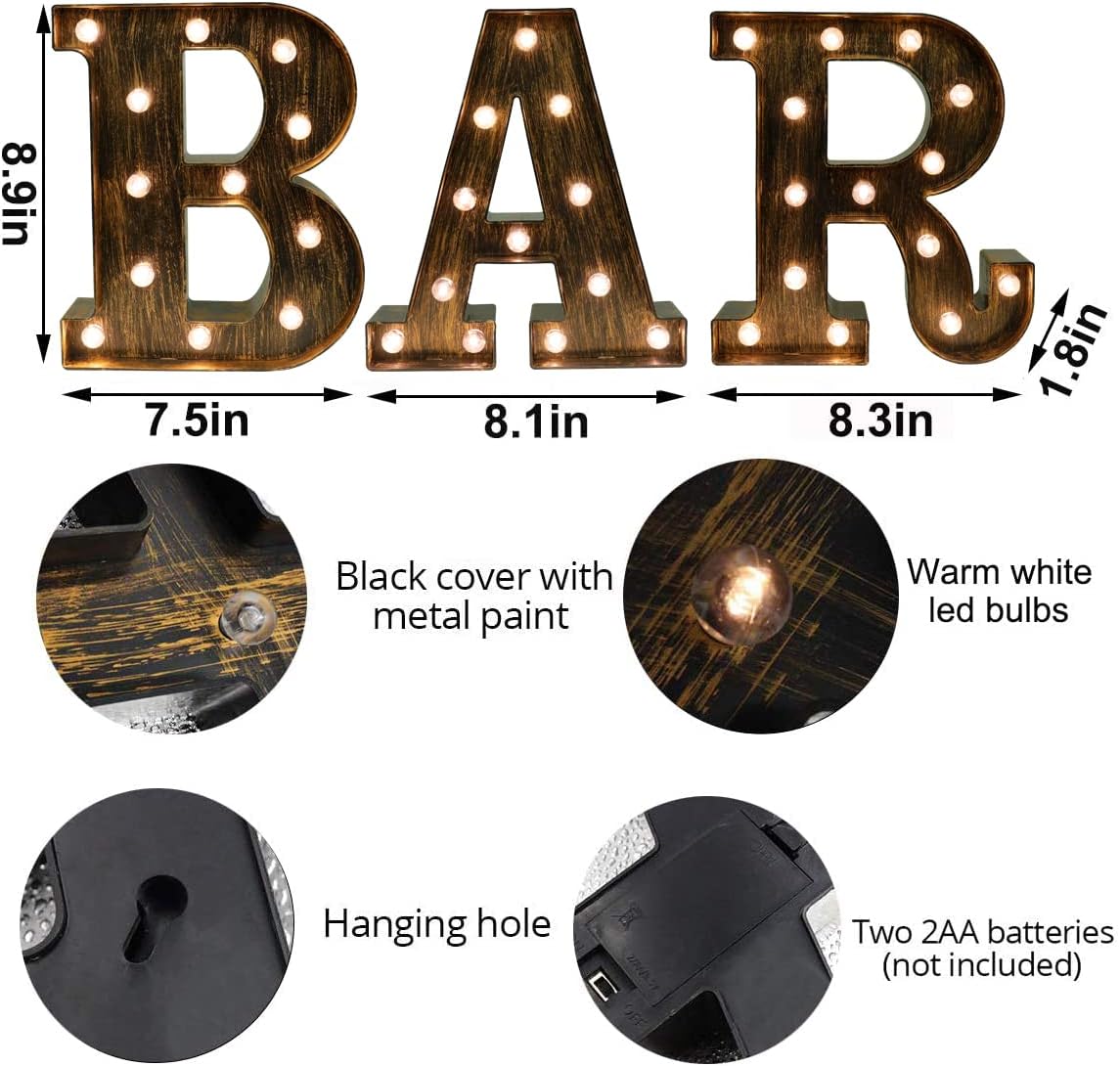 Light Up BAR Sign, LED Vintage Letters Home Decor Name Signs - Illumin