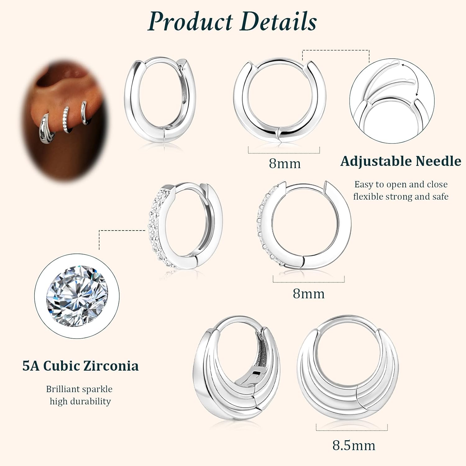 Small Sterling Silver Huggie Hoop Earrings Set for Women, Hypoallergen