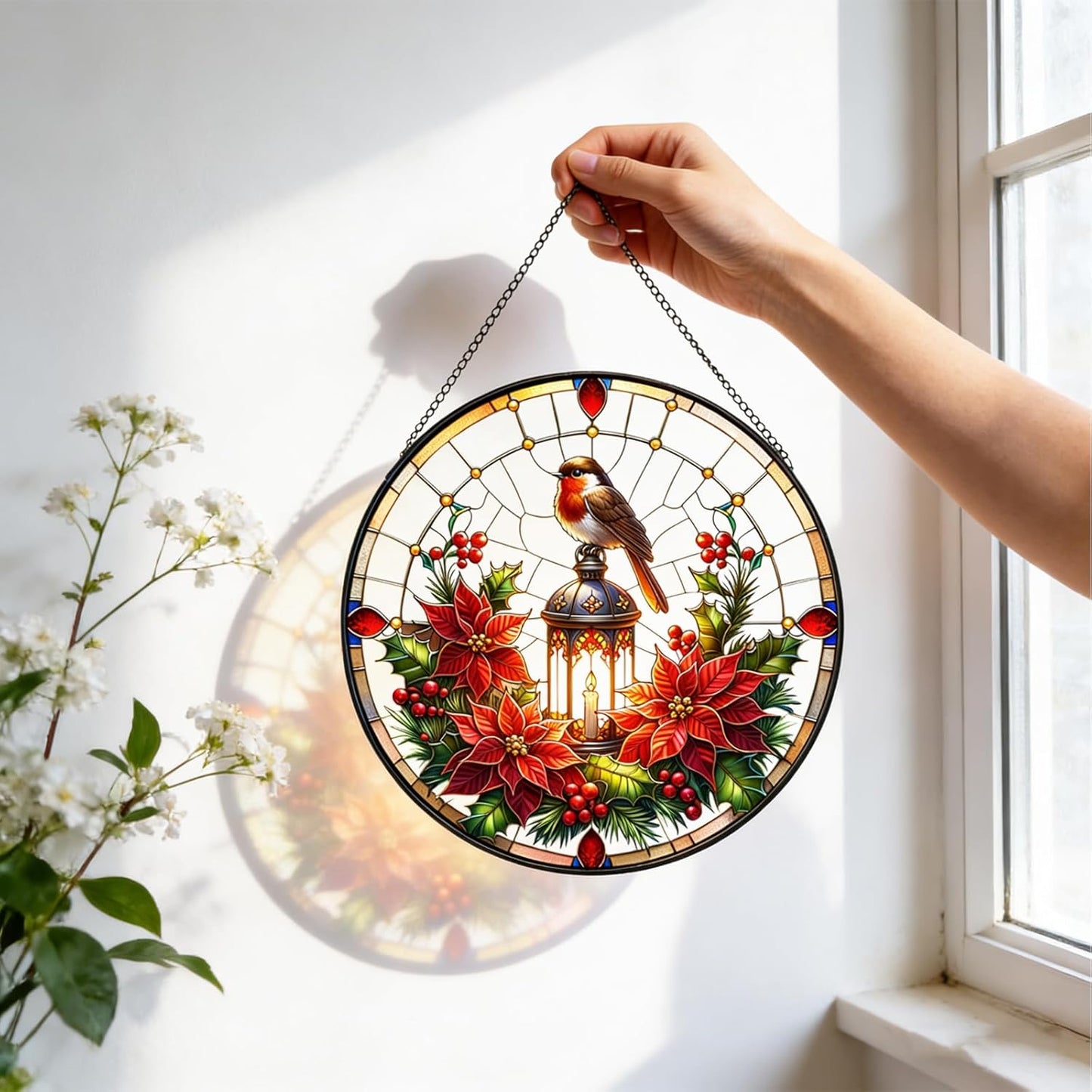 A Robin on lamp Post Stained Glass Window Hanging, Red Bird Memorial Suncatcher,Hummingbird Suncatcher for Women,Cardinal Gifts for Mom Grandma 7.87"
