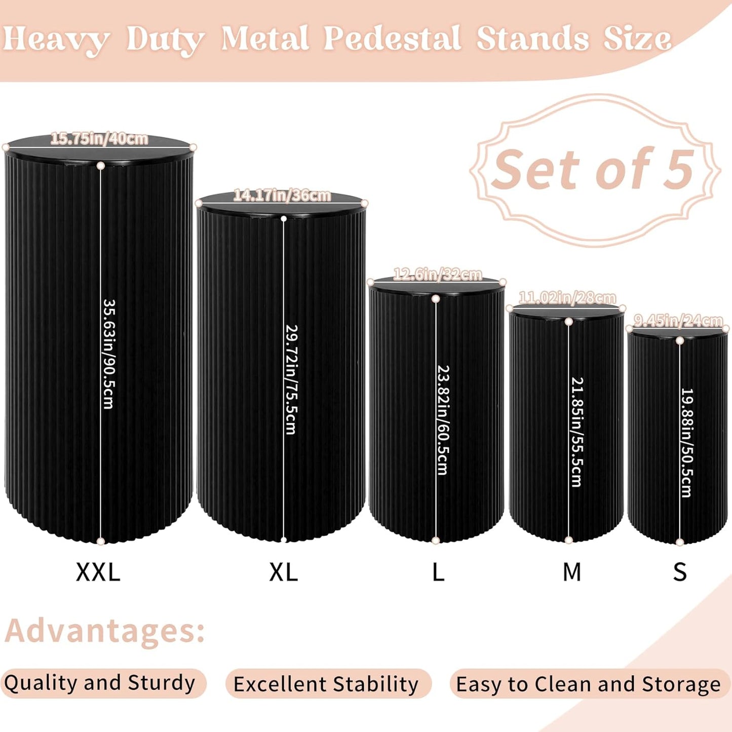 Fivenl 5 Pcs Metal Pleated Cylinder Pedestal Stands for Party, Heavy Duty Black Round Cake Pedestal Stand Flower Plant Display Plinth Pillars for Wedding Birthday Event Decor (Black)