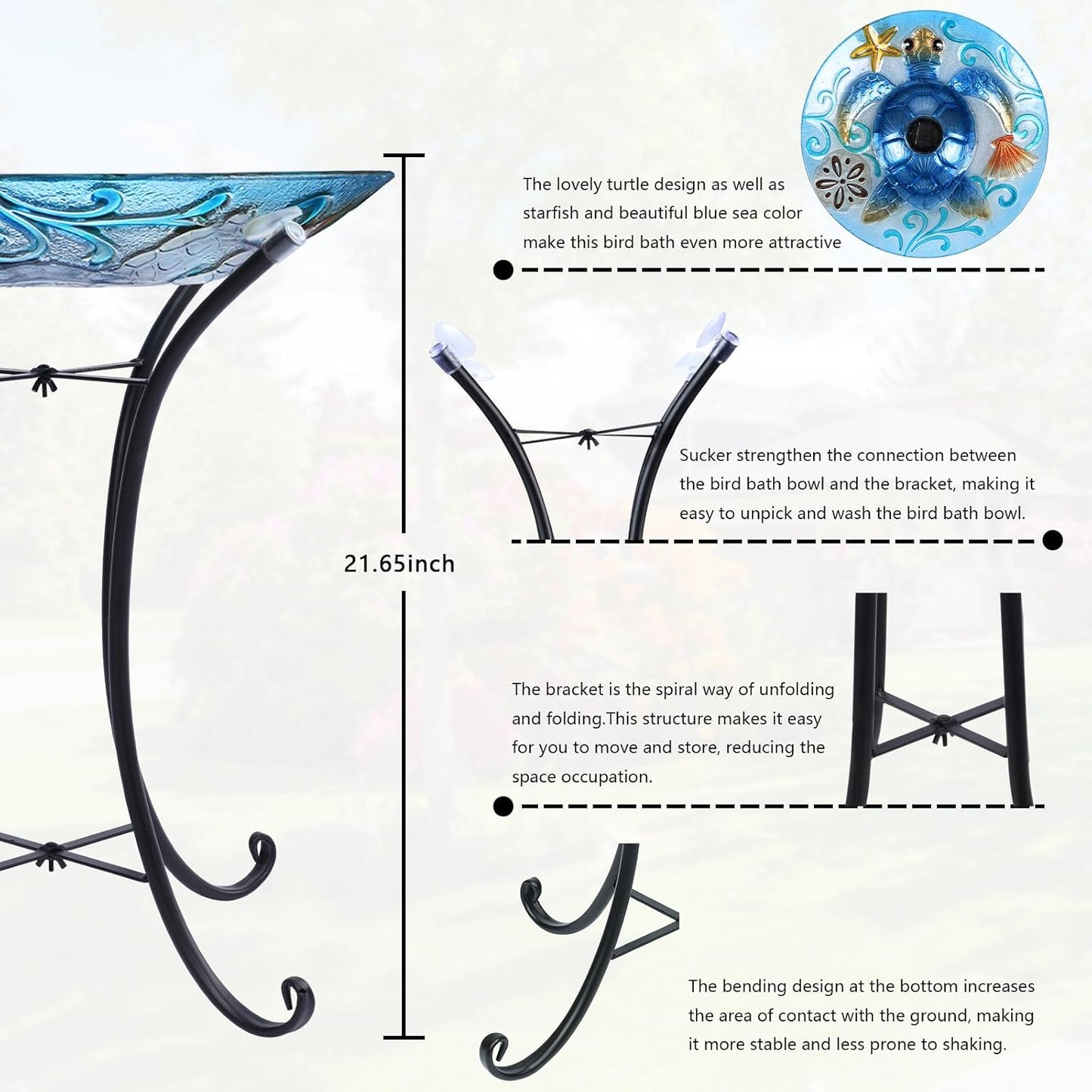 MUMTOP Glass Bird Bath, Large Bird Baths for Outdoors, Solar Birdfeeder with Metal Stand for Garden, Yard, Lawn Decor sea Turtle Pattern(Blue, 21.5"X18")