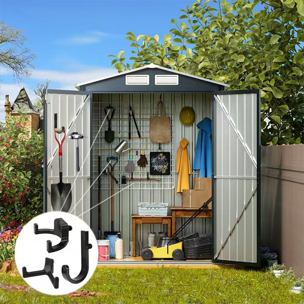 6Pcs Heavy Duty ABS Storage Shed Hooks， J/U/V Shapes Wall Mounted Organizers for Ladders, Garden Rakes, Bulk Tools & Shed Accessories