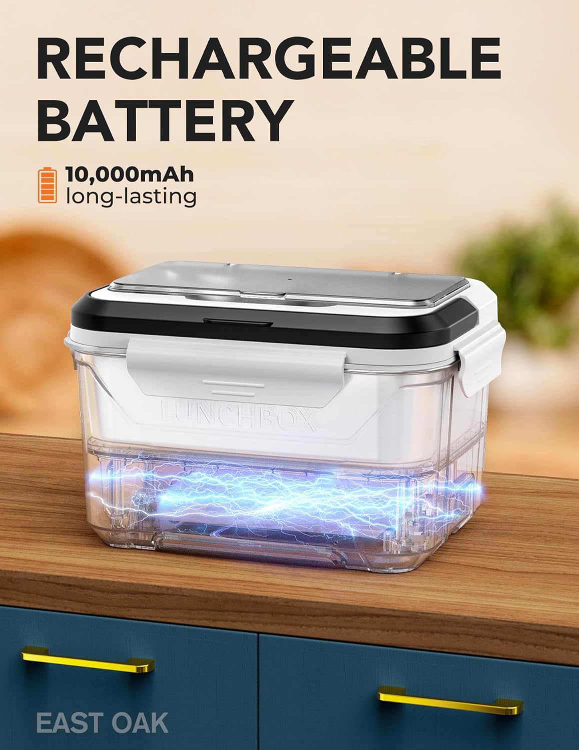 EAST OAK Cordless Electric Lunch Box for Adults, Heated Lunch Box Battery Powered with Automatic Heating, 5.5 Cups Portable Food Warmer with Removable Tray Divider