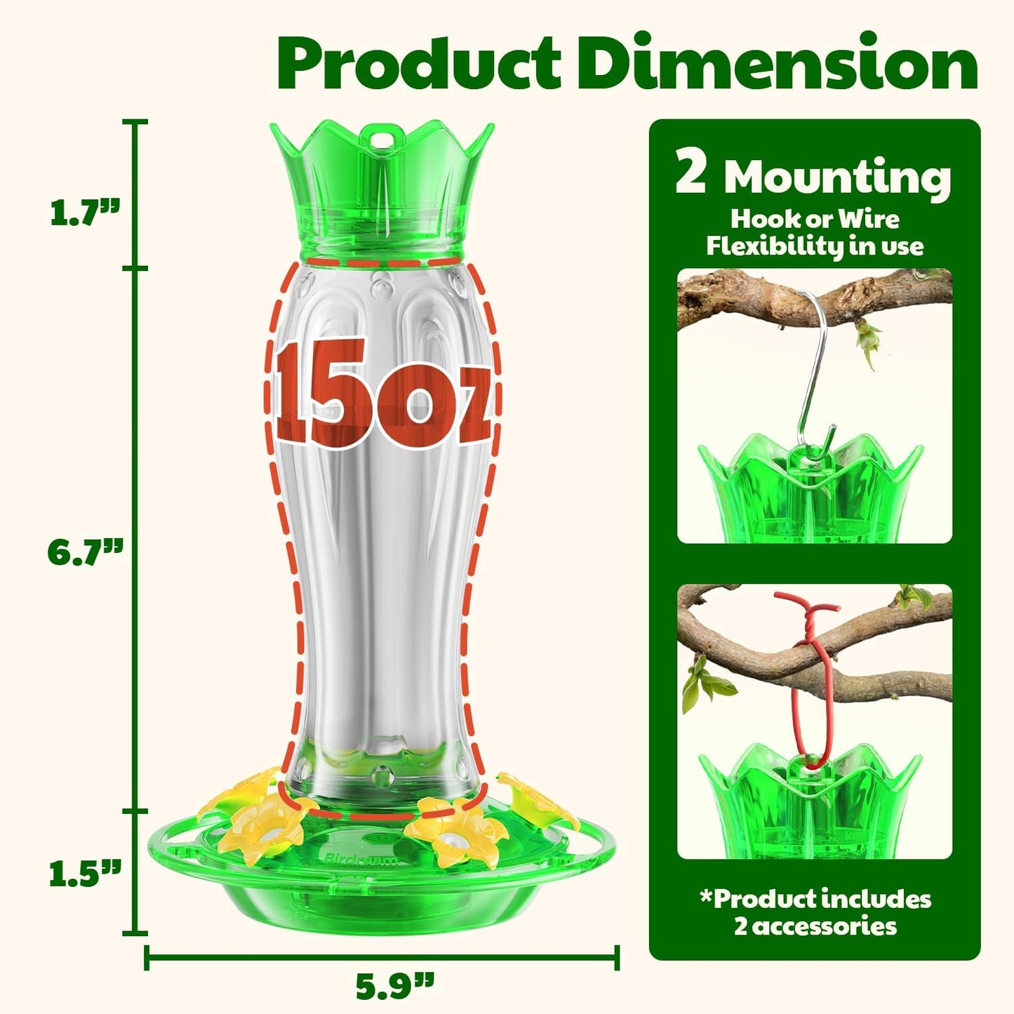 Birdream Hummingbird Feeders for Outdoors, 15oz Hanging Hummingbird Feeders Ant Proof, Easy to Clean and Maintain, Gift for Bird Lover, Green (2 Pack)
