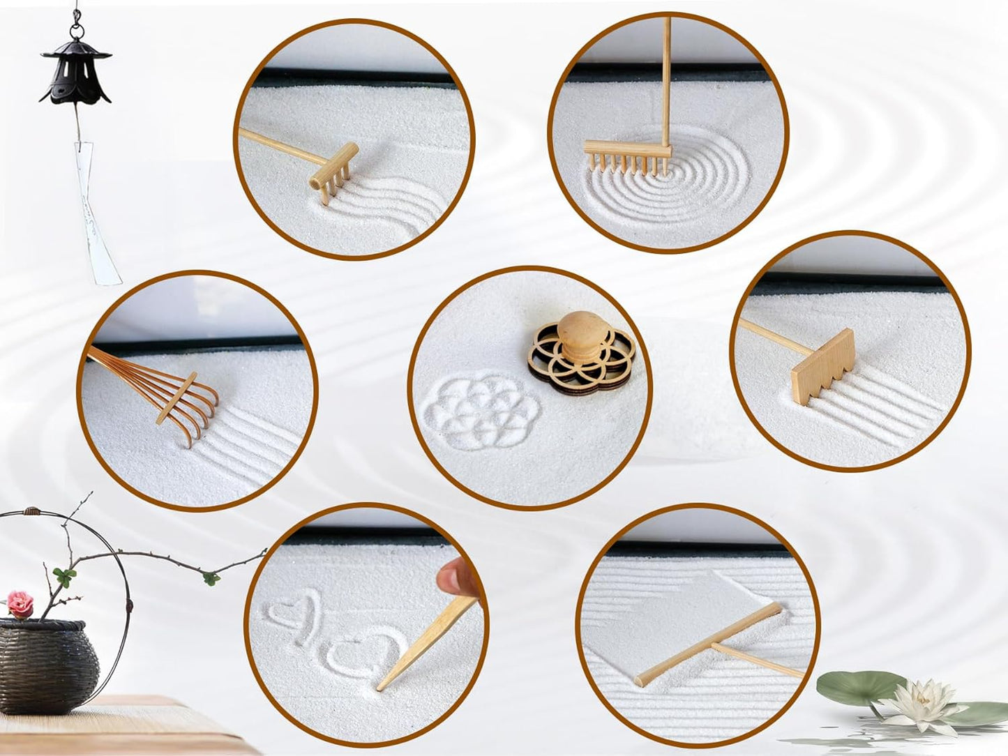 Tabletop Zen Garden Kit Set - Mini Rock Sand Garden Zen Gift Set for Home Office Desk Japanese Decor 7 Zen Tools Mini Rakes 21 Accessories Bamboo Sand Tray Therapy Desktop Meditation Room Gifts
