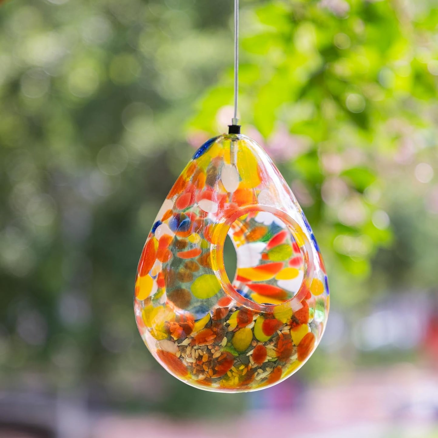Glitzhome 6.75''H Hanging Glass Birdfeeder,Water Drop Fly Through Wild Bird Feeders for Outdoors,Orange Dots Glass Bird Feeders for Garden, Yard, Backyard, Deck and Porch Decor