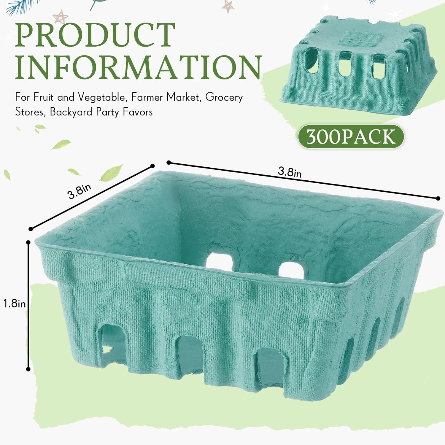 300 Pack 1/2 Pint Pulp Fiber Berry Baskets, Green Vented Containers fo