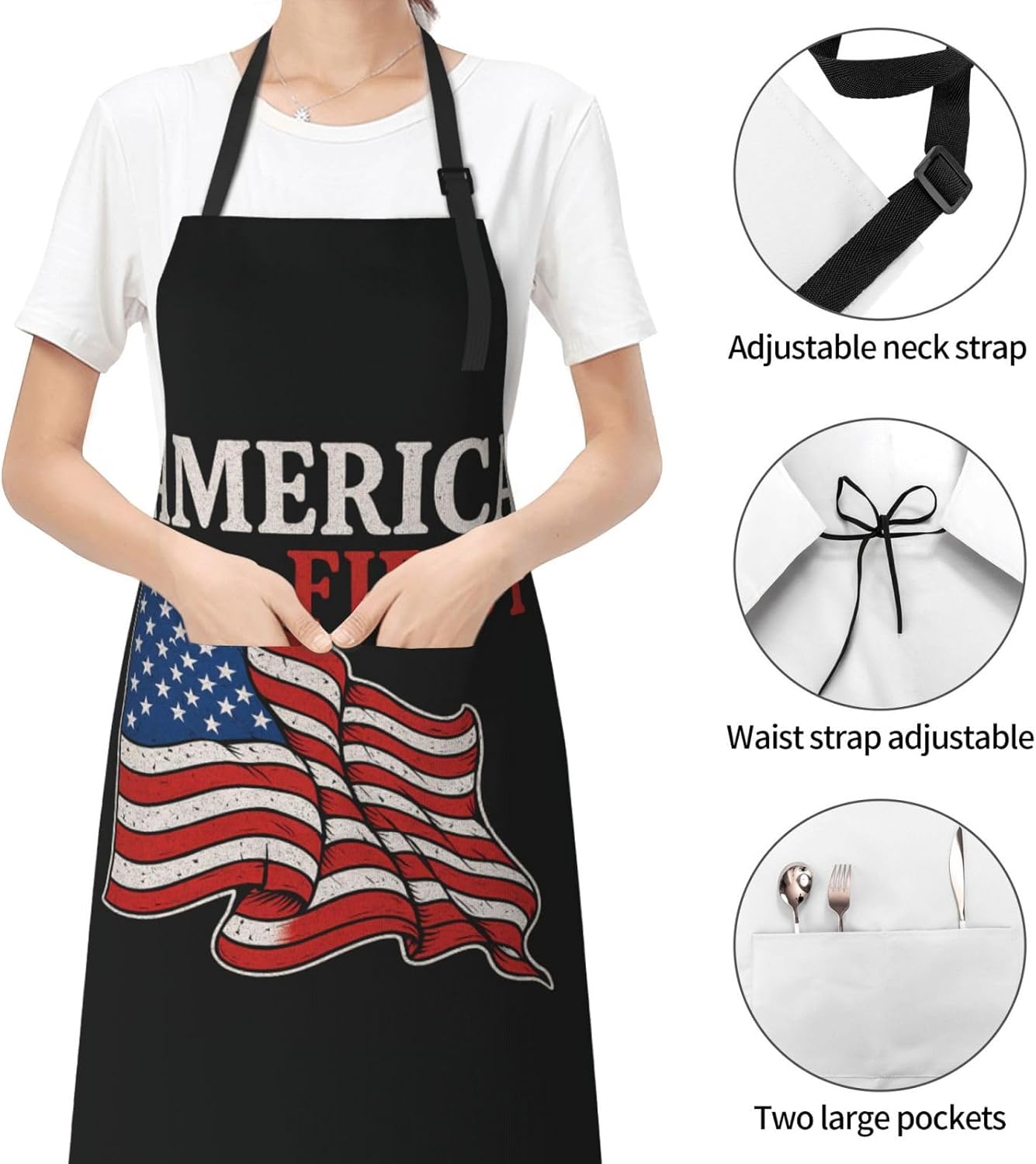 YANYU America First Print 28x33 In Kitchen Apron Stylish Chef Apron with Pockets for Cooking Baking Painting