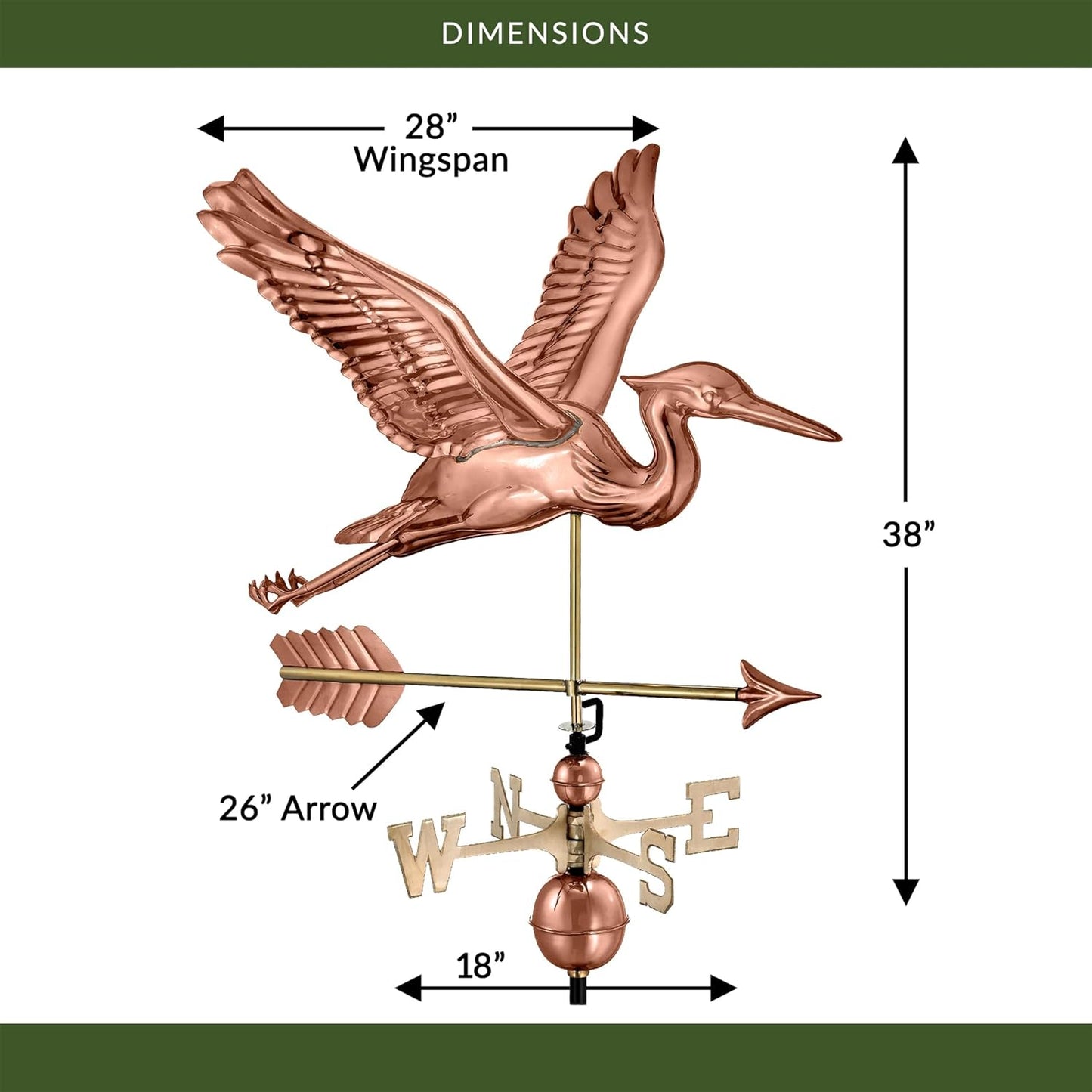 Good Directions 3-Dimensional Blue Heron Copper Weathervane, with Arrow, Includes Adjustable Roof Mount for Easy Installation - Hand-Polished Copper