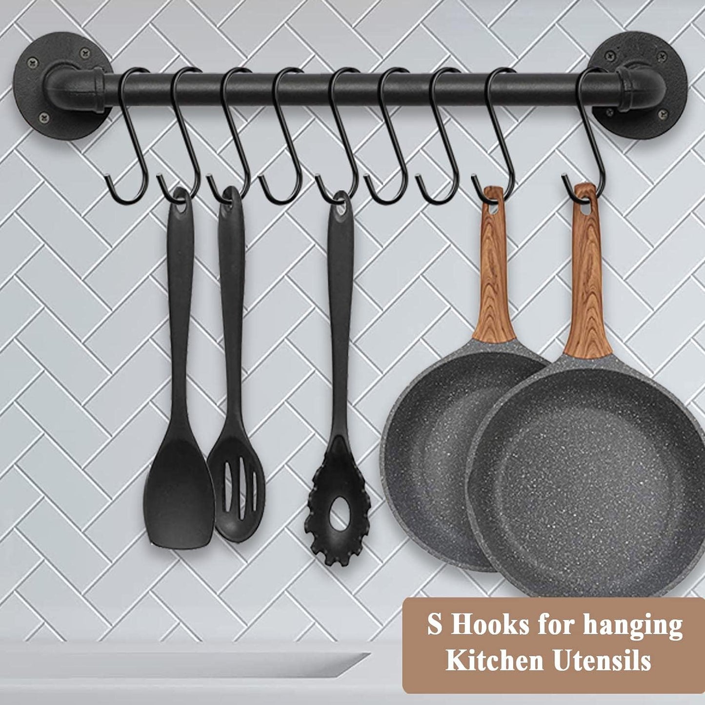 30 Pack 3.7 inch Length S Hooks Black Steel S Shaped Hooks for Hanging Jeans Pans Pots Plants Bags Towels Kitchen Closet Hooks Hanger, Fit The Rod Dia Less than1 inches