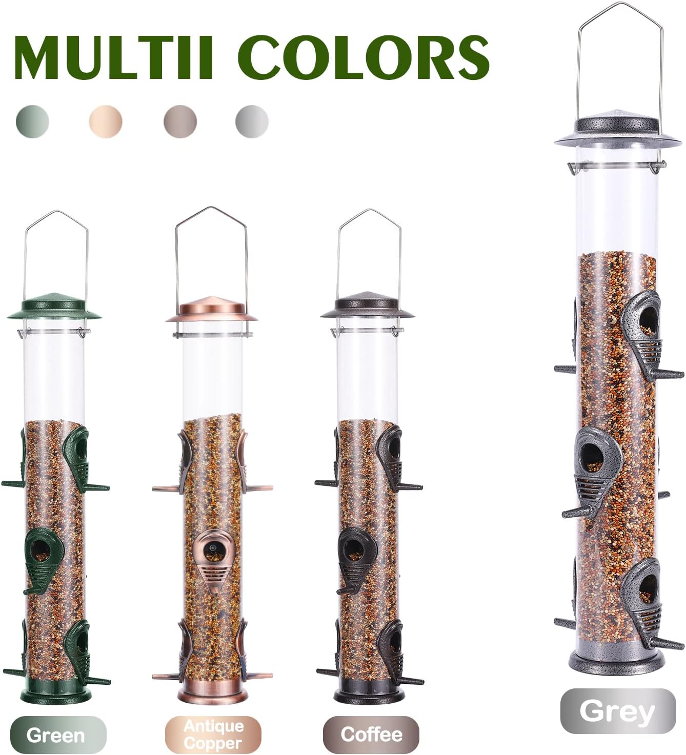 MIXXIDEA 2PK Metal Wild Bird Feeder Squirrel Proof Bird Feeders for Outside Hanging 6 Port Tube Bird Feeder Transparent Finch Feeder with Steel Hanger (Grey)
