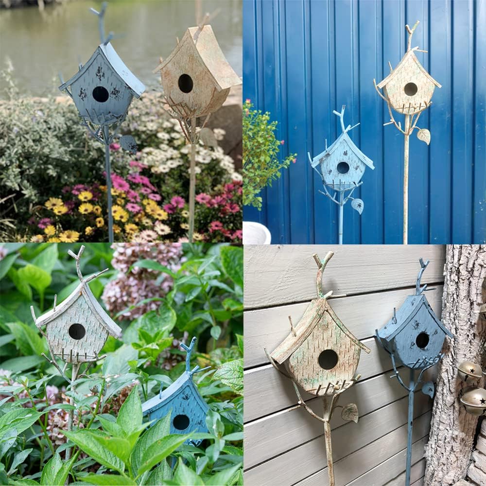 Bird Houses for Outside with Pole, Metal Birdhouse Stake for Outdoors Rustic Bird House On Pole Stand Farmhouse Birdhouse Decor Decorative Garden Yard Art 39" H Blue