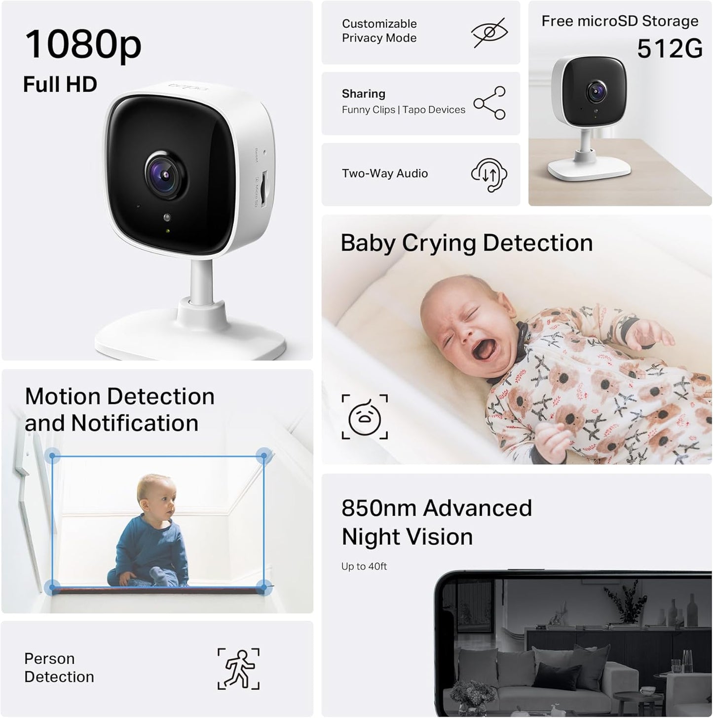 Tapo 1080P Indoor Wired Security Camera - Works as a Baby & Pet Monito
