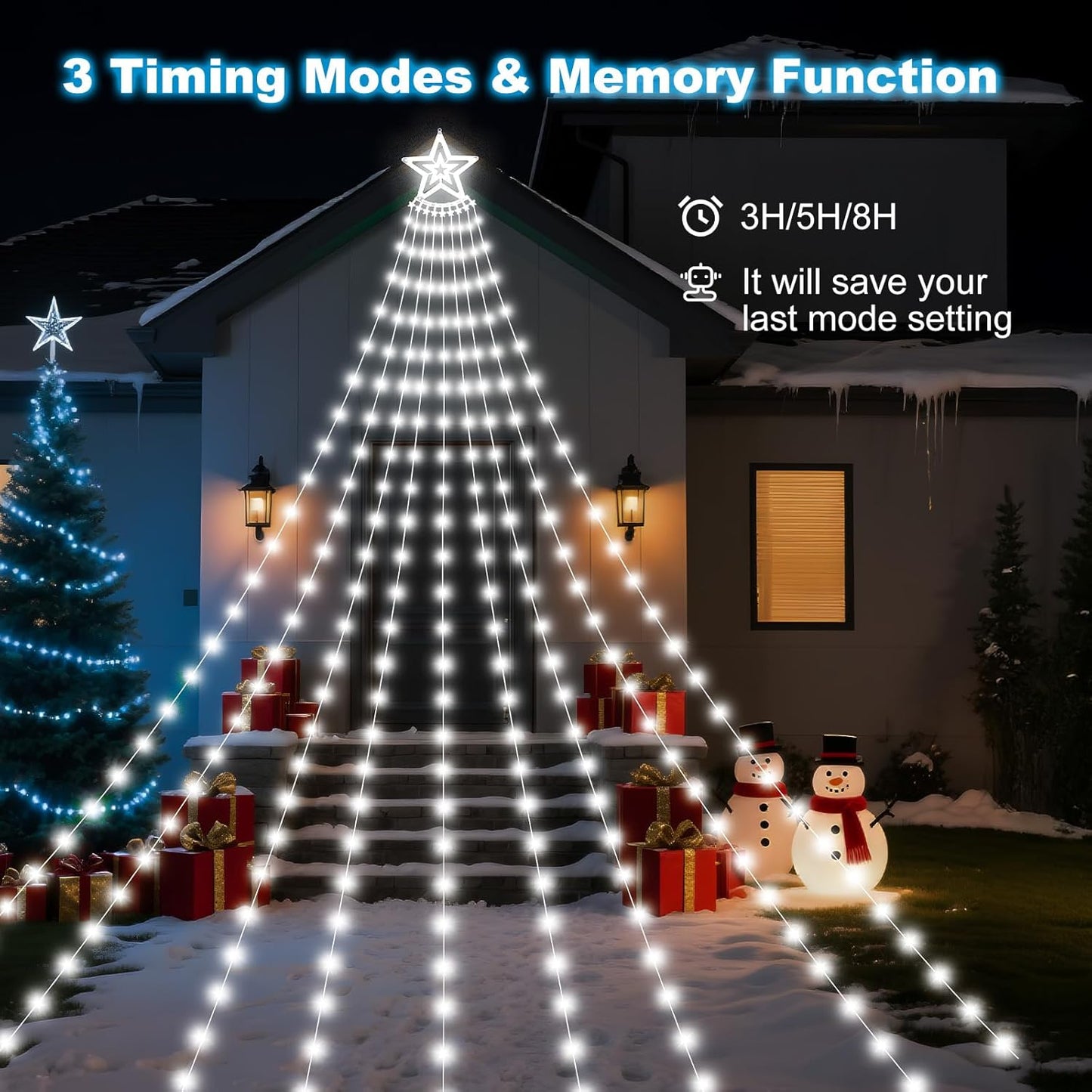 Solar Christmas Decorations Tree Lights Outdoor, 18.37ft 532LED Waterfall String Lights with 8 Modes Timer Remote Xmas Lights USB Powered for Garden Yard Patio Home Holiday Party Decor, Pure White