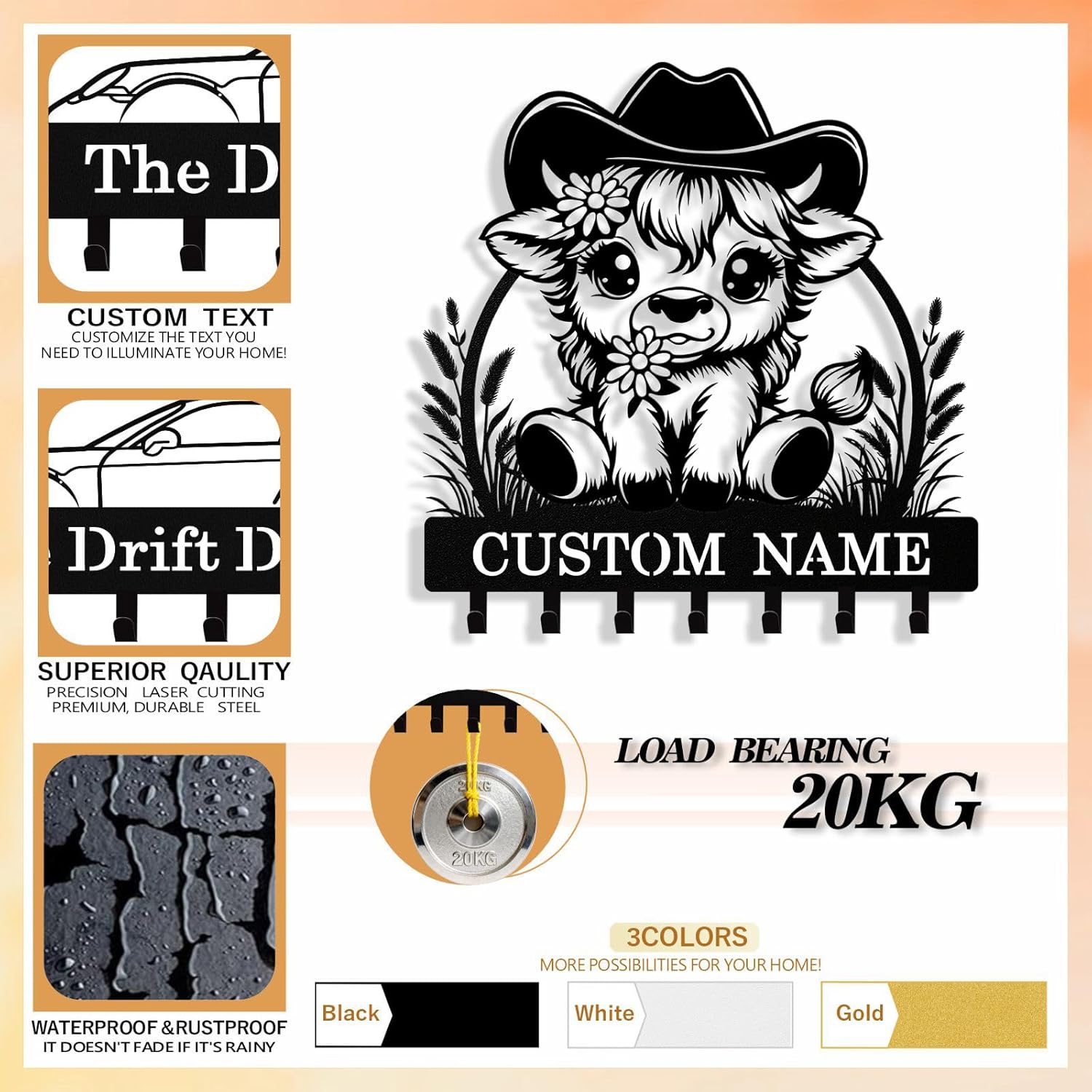 Personalized Key Holder Wall Mount, Custom Metal Highland Cow Keys Hol