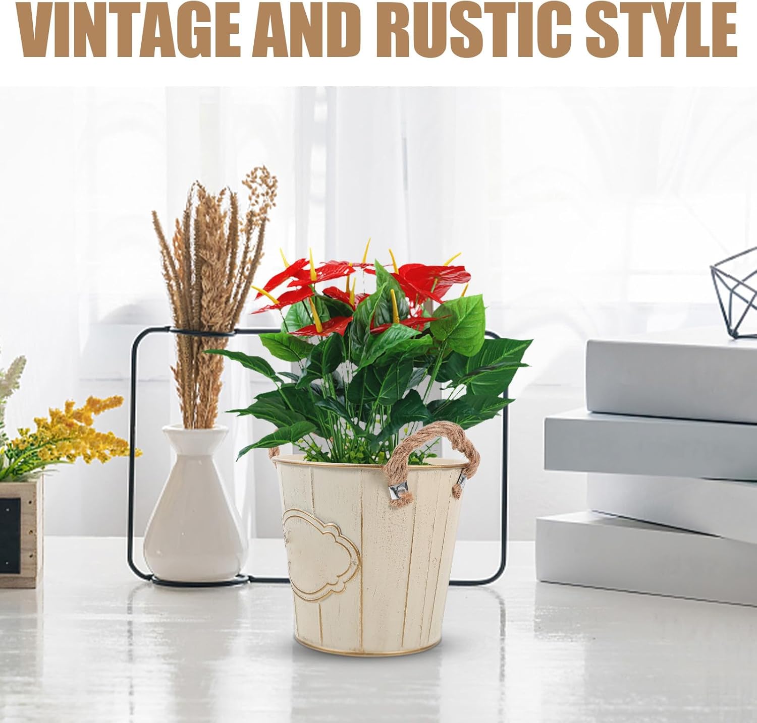 Vintage Metal Flower Bucket Planter with Retro Iron Rustic Farmhouse V