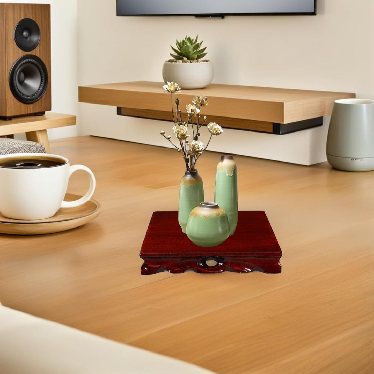 Milisten Square Solid Wood Carved Pedestal Base 16x2.7cm Small Planter Tray Bonsai Stand Wood Plant Pot Base Decorative Display Stand for Indoor Home Décor