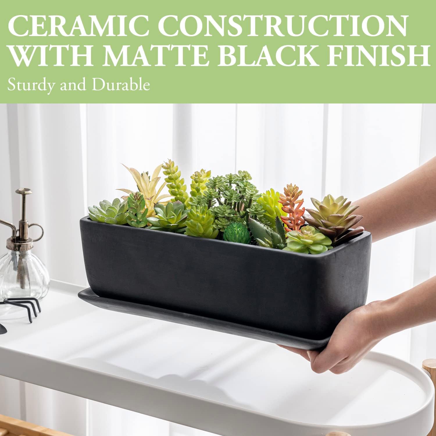 MyGift 14 Inch Ceramic Indoor Plant Pot, Rectangular Succulent Planter
