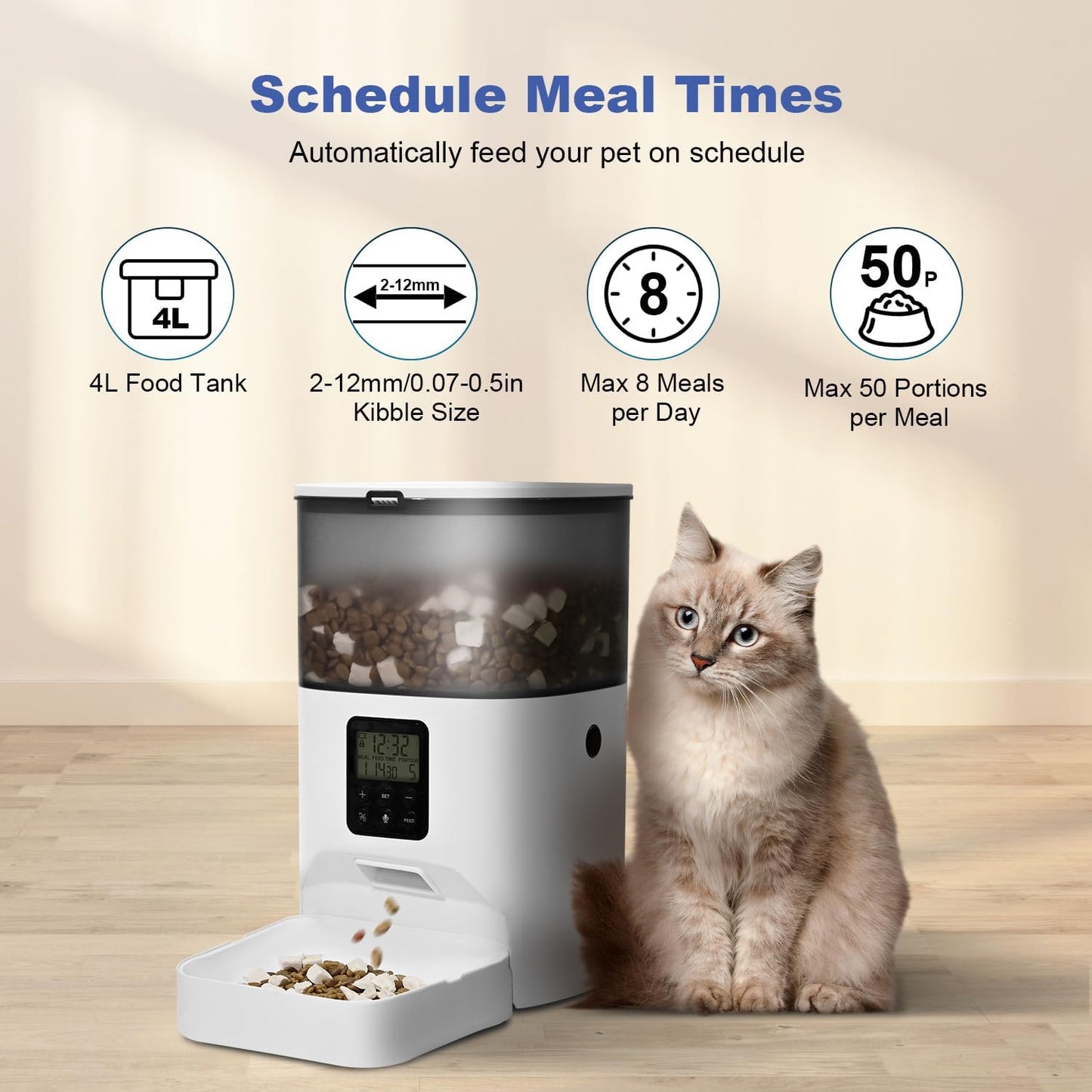 Automatic Cat Feeder, 4L Cat Food Dispenser with 10s Voice Recorder, P