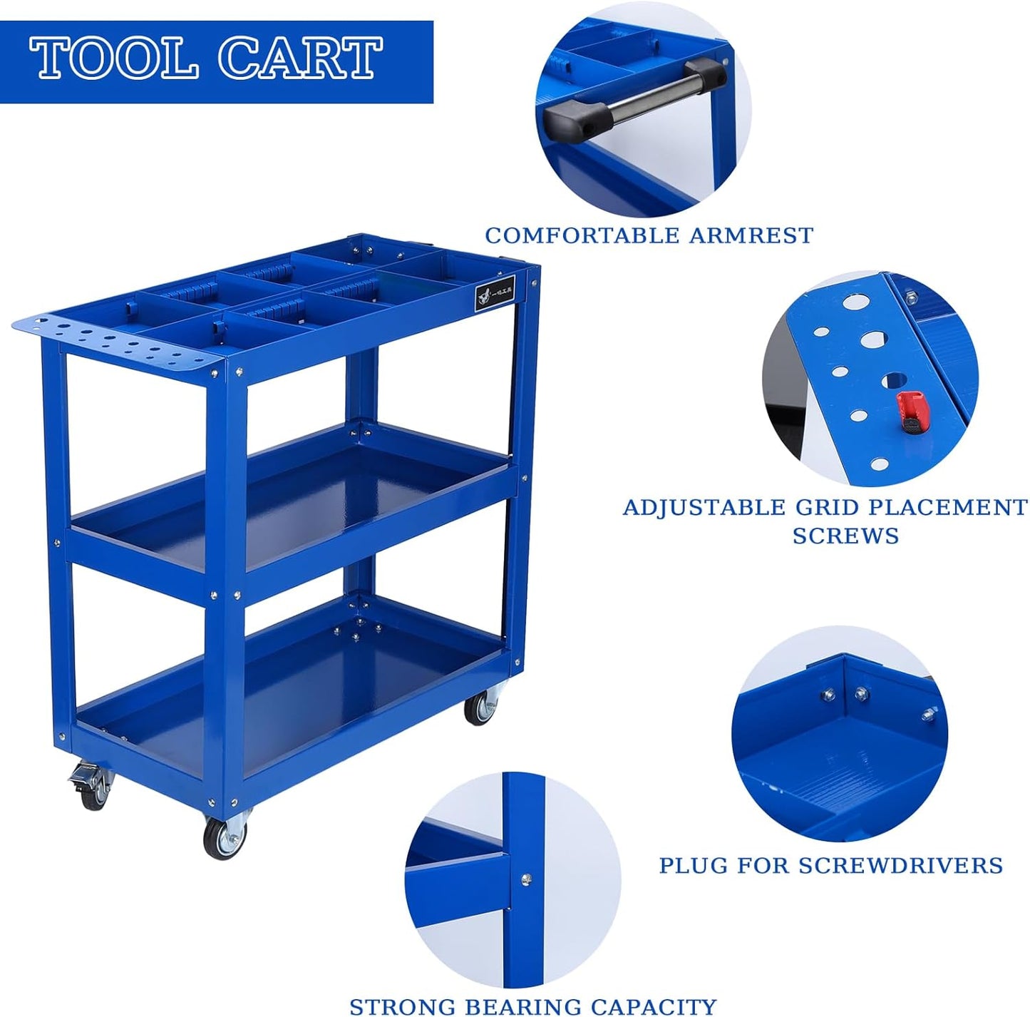 3 Tier Large Capacity Tool Cart, 330 lbs Tool Trolley with Adjustable 