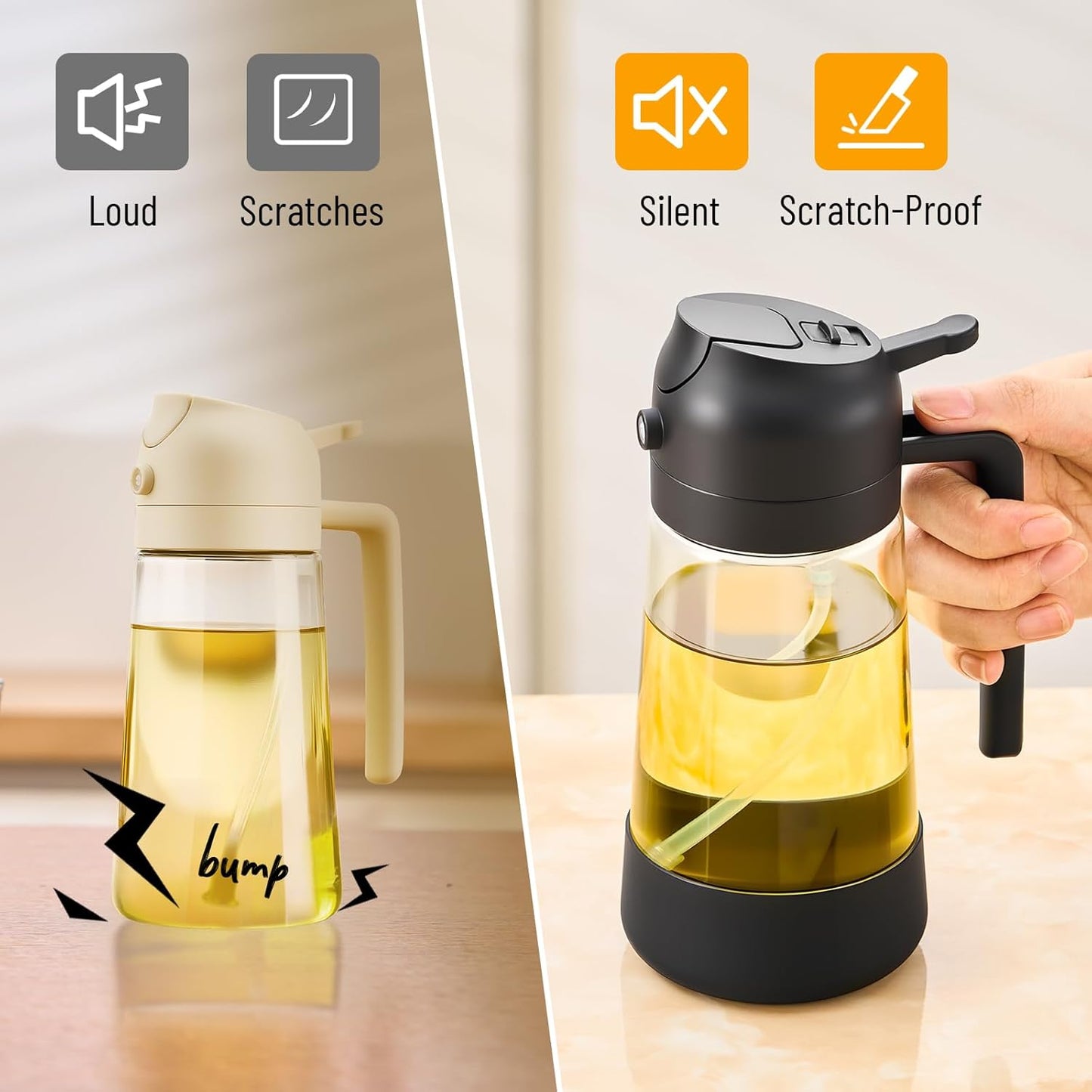PARACITY Oil Dipenser Bottle with Silicone Bottom, 2 in 1 Olive Oil Sprayer and Dispenser, Oil Spray Bottle 500ML/ 17OZ for Cooking, Kitchen, BBQ, Air Fryer, Salad, Baking(1PC Black)