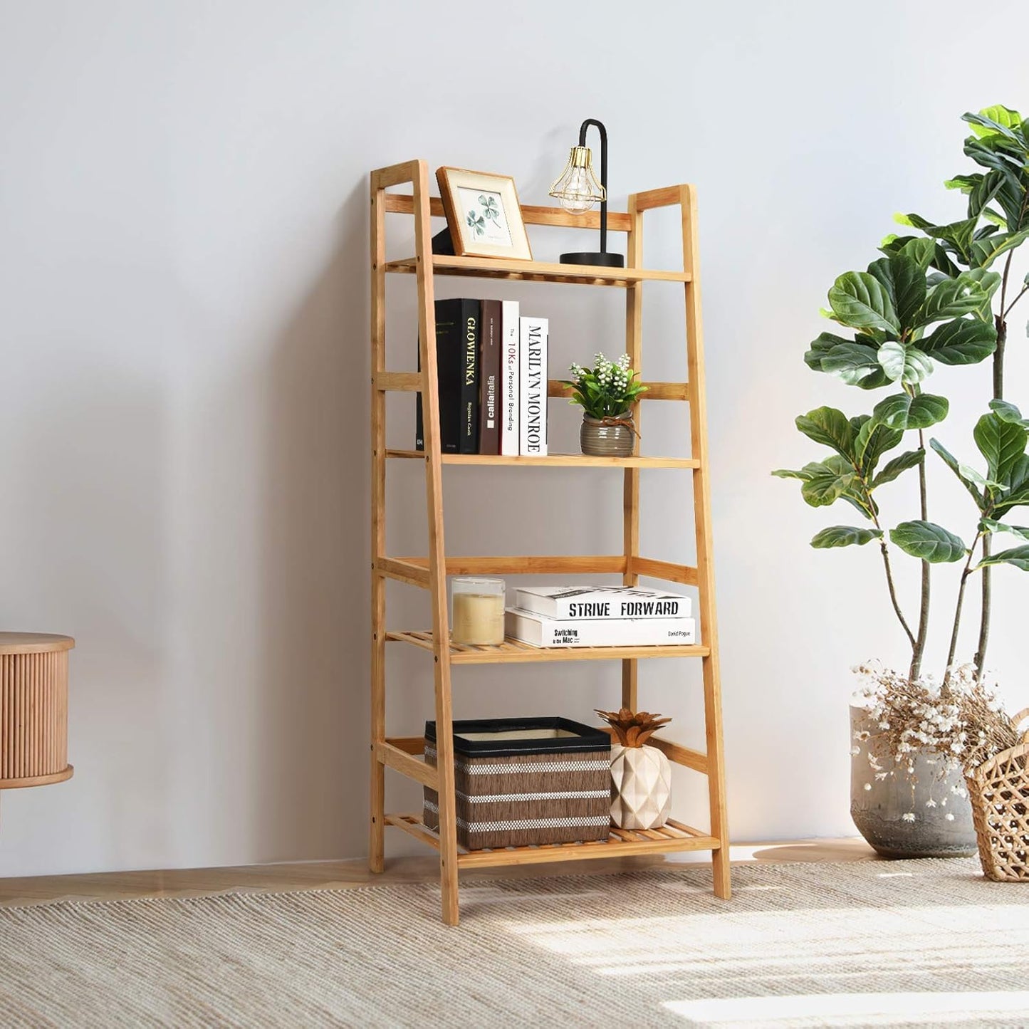 Giantex 4-Tier Ladder Shelf Plant Stand, Bamboo Flower Pots Holder Display Rack, Multifunctional Ladder-Shaped Bookshelf Storage Shelves for Home Office Living Room Bathroom Bedroom Kitchen (Natural)