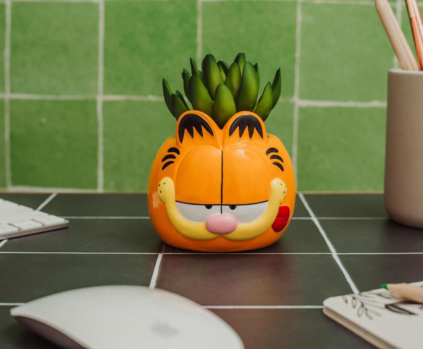 Garfield 4-Inch Ceramic Planter with Artificial Succulent | Cute Flower Pot, Faux Indoor Plants