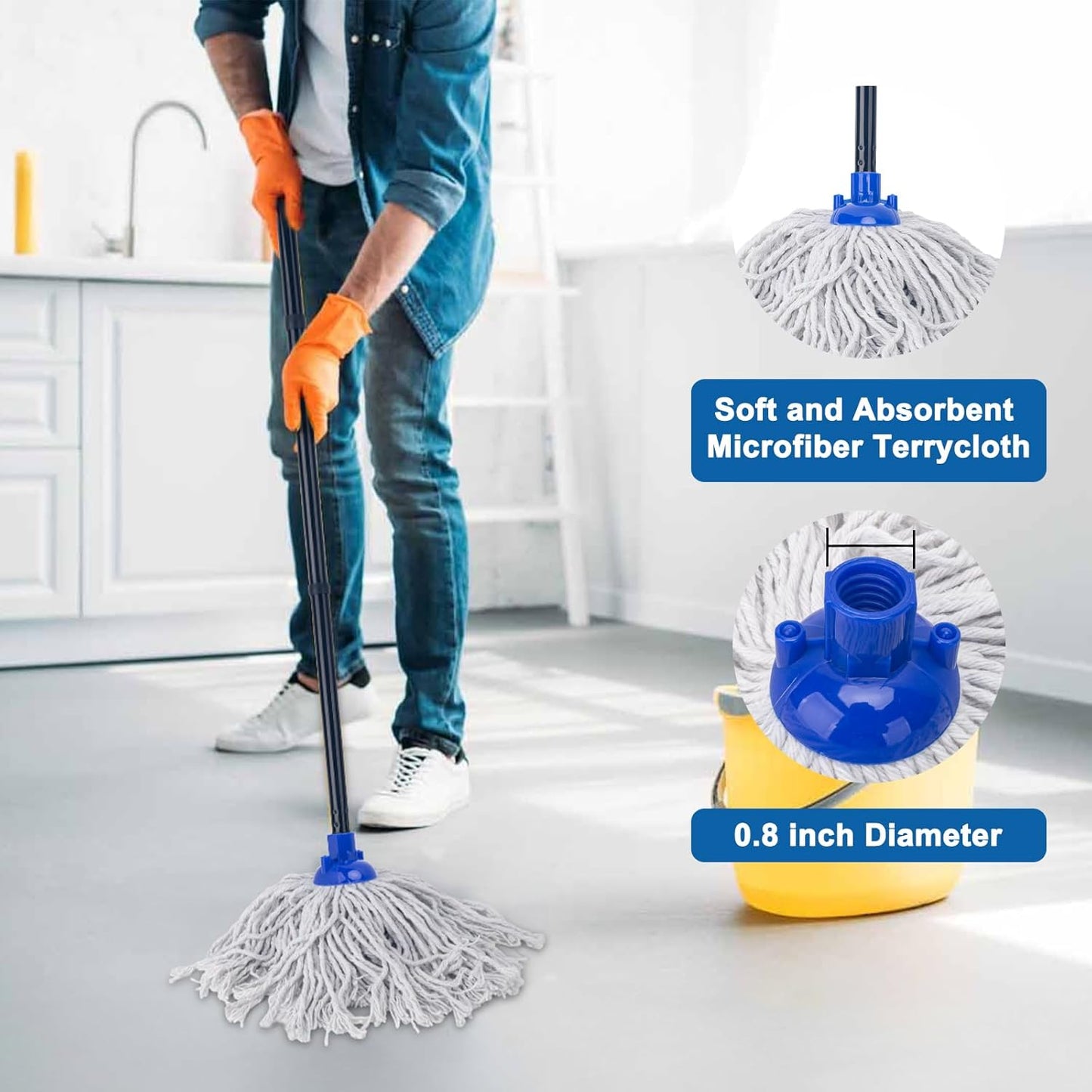 KeFanta Mop for Floor Cleaning,2 Pcs Cotton String Wet Mops Replacement Head Refill Compatible with Microfiber Cloth Mop & 0.8" Diameter Mops Handle(1 Handle & 2 Heads)